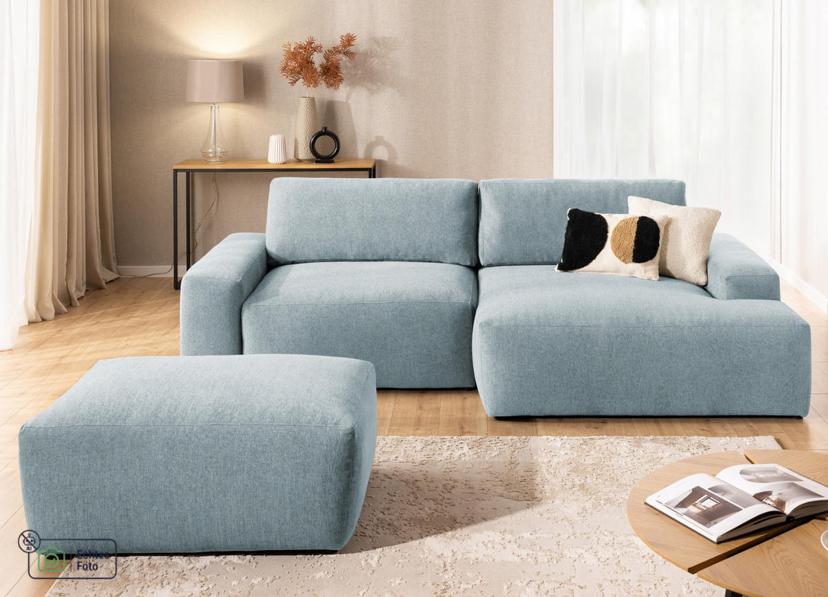 ECKSOFA inkl. Hocker Lennon aus Hellblau Strukturstoff mit Schlaffunktion und Bettkasten - Schwarz/Hellblau, Holz/Kunststoff (264/137cm) - S-Style