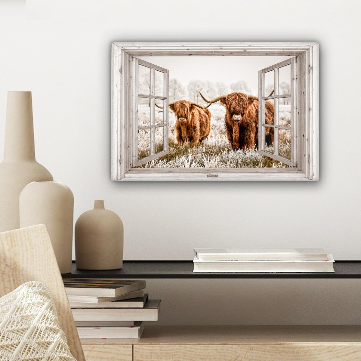 LEINWANDBILD Durchblick - Schottische Highlander - Tiere Deko Schlafzimmer 30x20 cm - Hellbraun, Textil (30/20cm) - MuchoWow