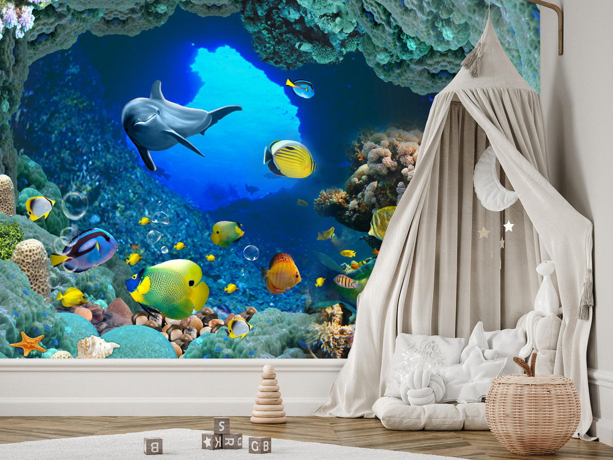 FOTOTAPETE für Badezimmer Unterwasser Korallenriffe Fische 250x175 - Türkis/Blau, Papier (250/175cm) - Muralo