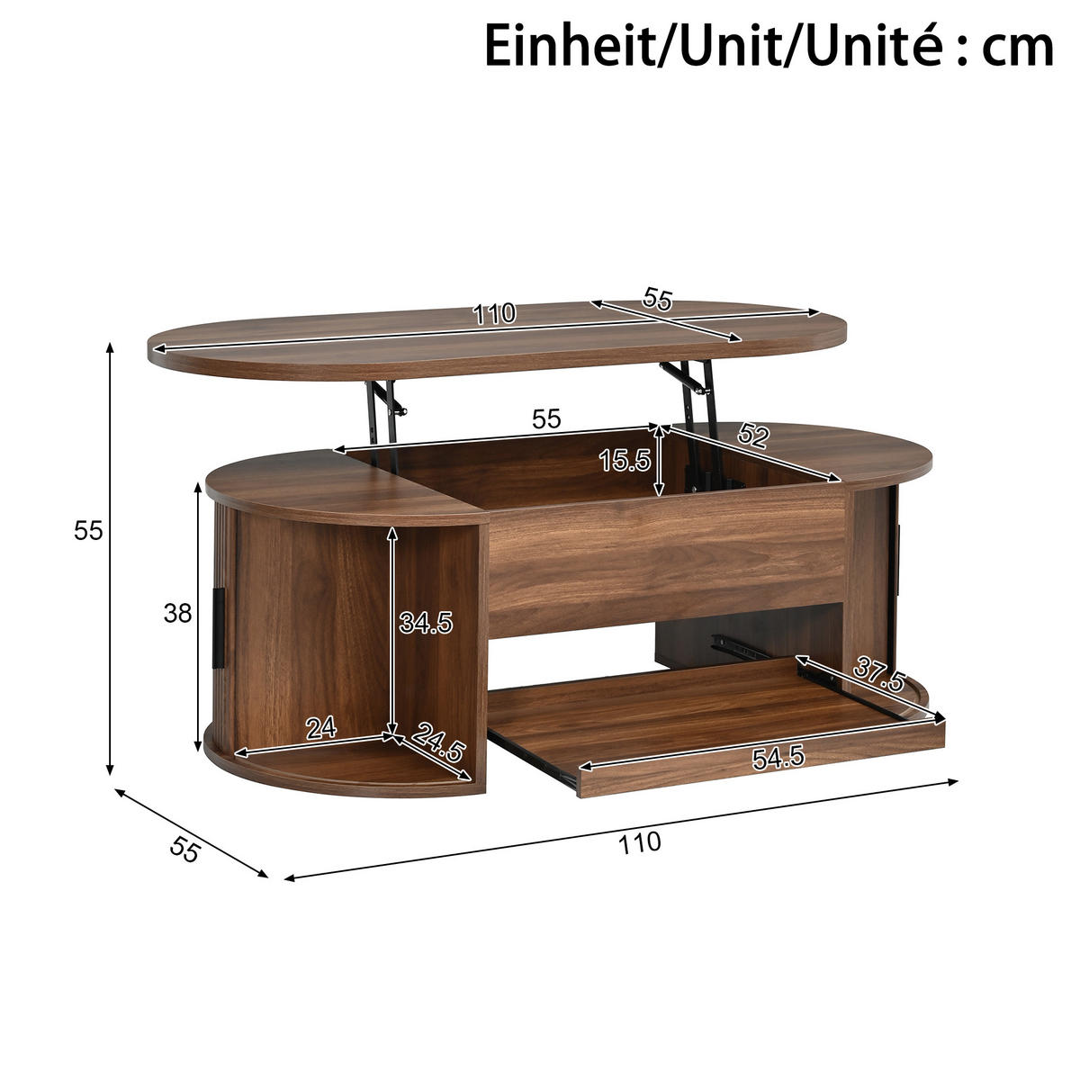 KLUB-STOLIĆ 110/55/55 cm, orah, s funkcijom podizanja i prostor za pohranu - boje oraha/zlatne boje, drvni materijal/metal (55/110/55cm) - CHICFURN
