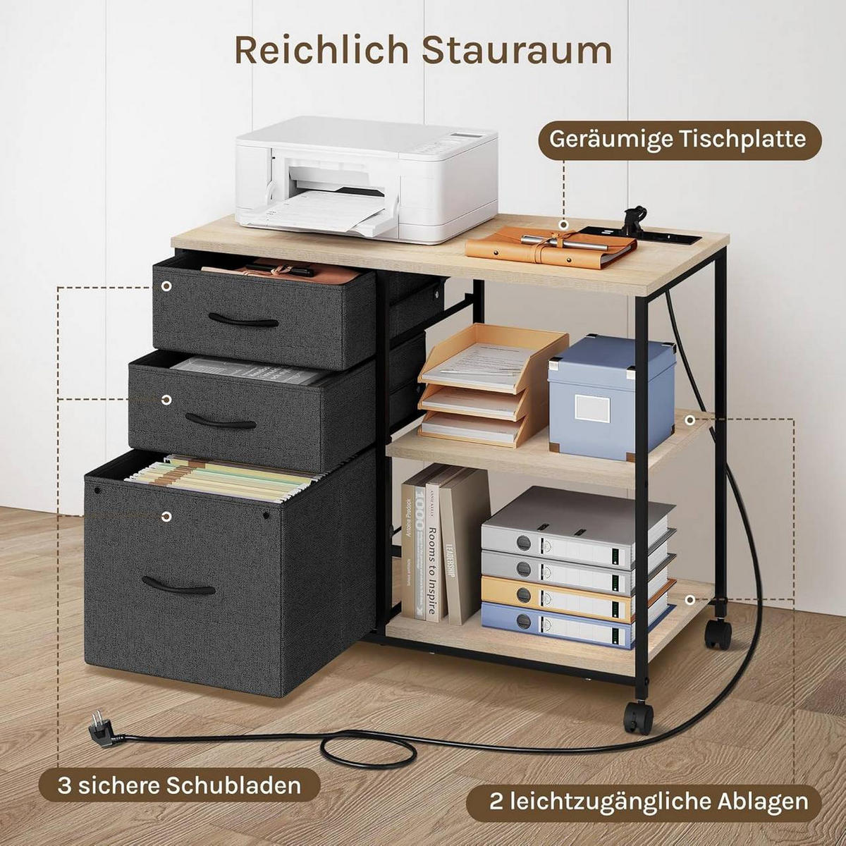 KONSOLENTISCH mit Ladestation, mit Rolle, Helle Eiche - Eichefarben/Schwarz, Holzwerkstoff/Textil (40/80/66cm) - Woltu