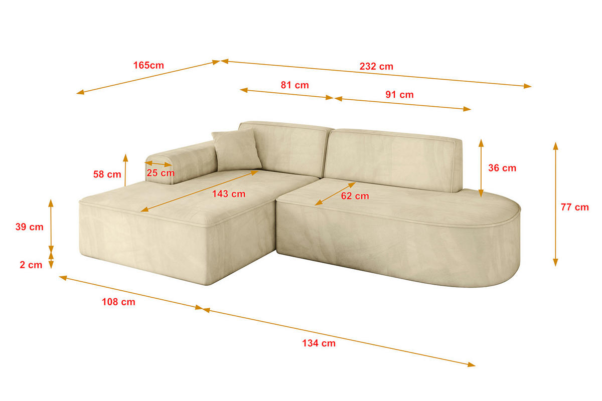 ECKSOFA Ottomane Links IREA-L1-v3 - 232x165x77 cm Beige - Taupe, Holzwerkstoff/Textil (232/165cm) - ALTDECOR