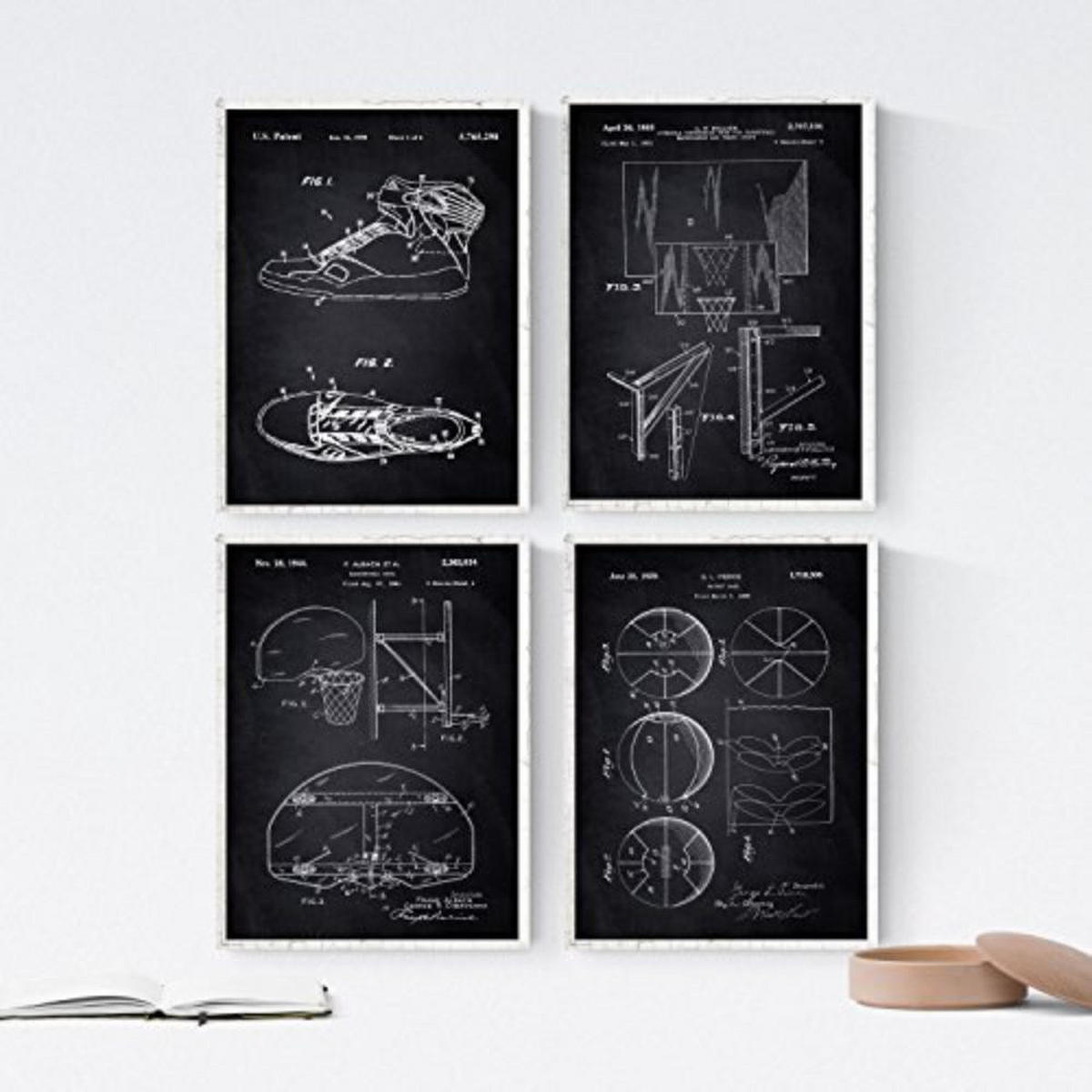 POSTER Set mit 4 Schwarz Basketball Patent A4 Schwarzer Rahmen - Schwarz, Papier (29.7/3cm) - Nacnic