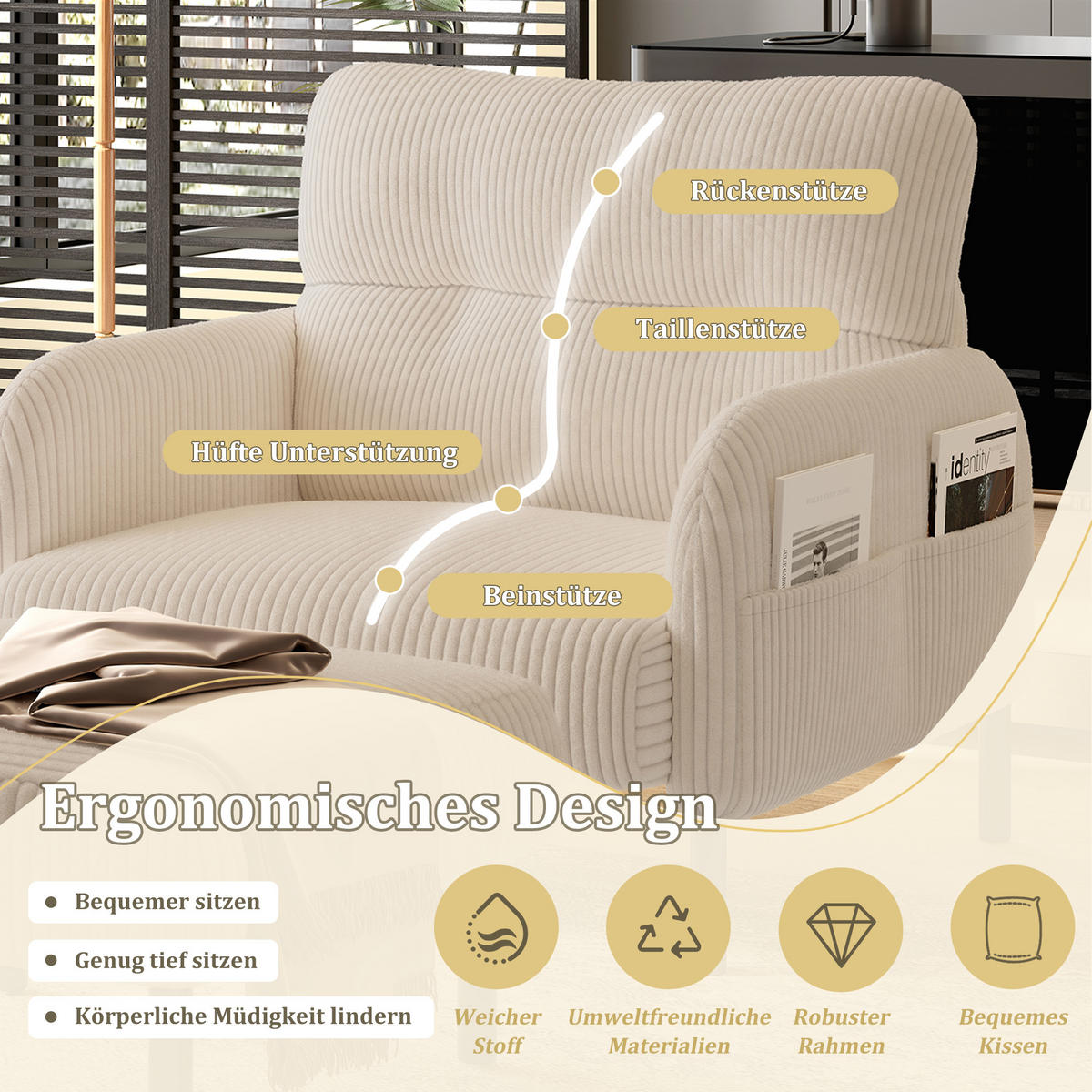 SESSEL Loungesessel,Polstersessel,Cord,Beige - Beige, Textil (67/79/75cm) - LVHOM