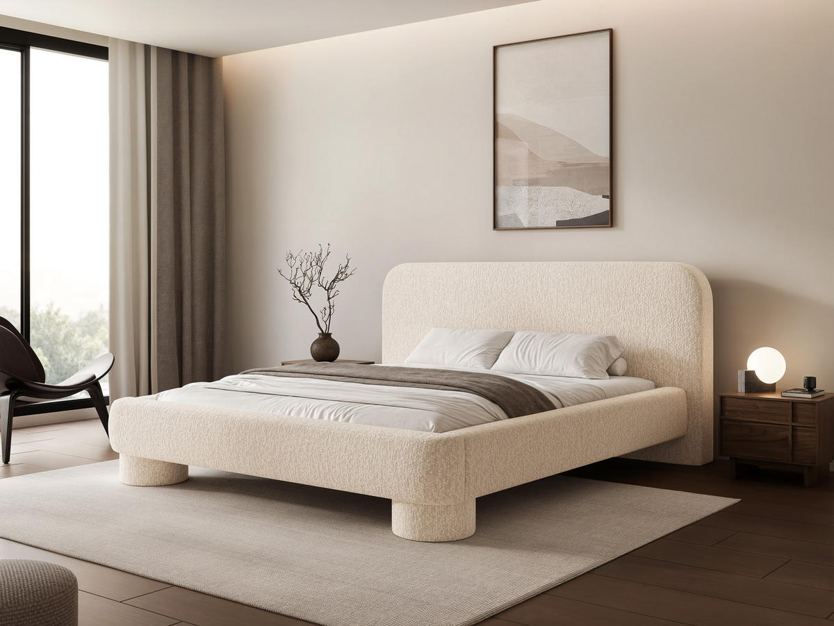 POLSTERBETT Frederico 180x200 cm Cremeweiß Chenille – (Doppelbett mit Bettkasten, Lattenrost, rundes Kopfteil) - Creme, Holz/Holzwerkstoff (180/200cm) - Ravio