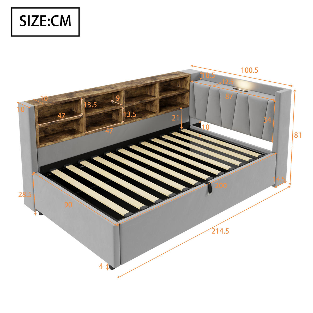 POLSTERBETT 90/200 cm Hellgrau mit Stauraum mit LED-Beleuchtung aus Samt - Hellgrau, Textil (90/200cm) - OKWISH
