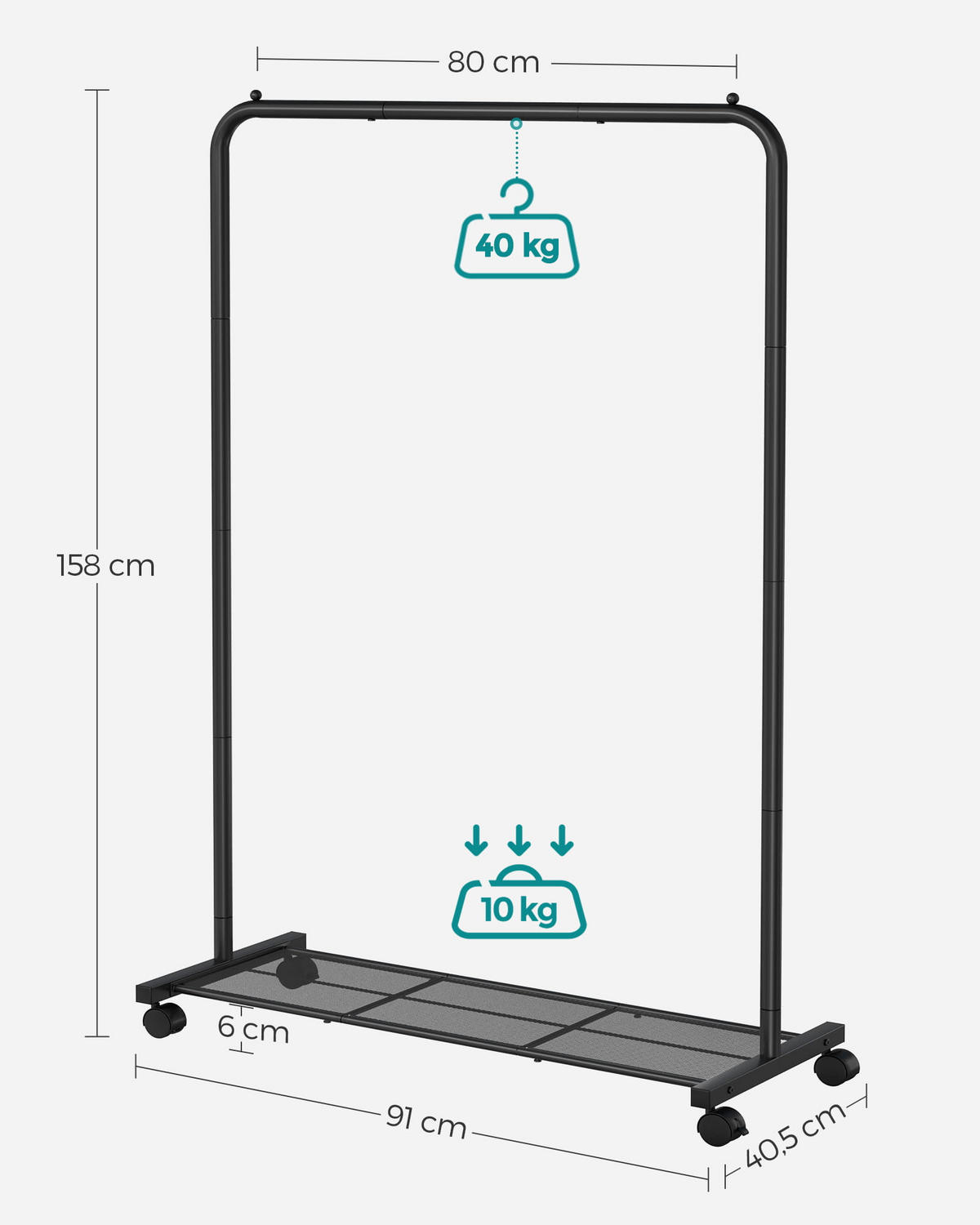 KLEIDERREGAL auf rädern, schwarz - Schwarz, Metall (91/158/40.5cm) - A2A Home