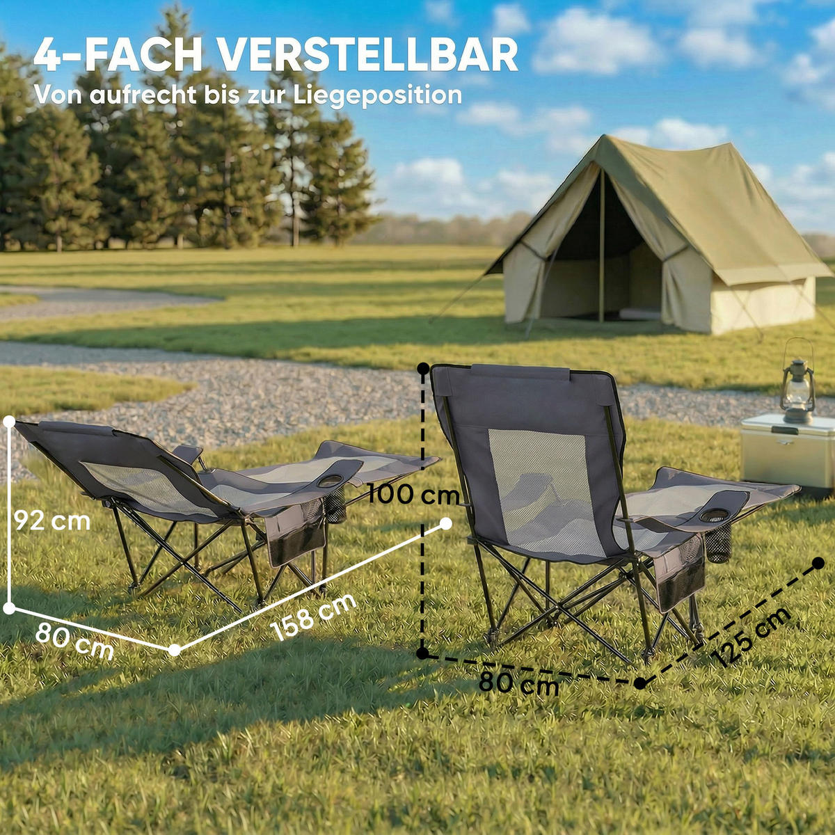 CAMPINGSTUHL mit Fußablage 2er Set Edelstahl, 600D Oxford-Gewebe Dunkelgrau - Dunkelgrau/Schwarz, Metall (80/100/125cm) - Outsunny