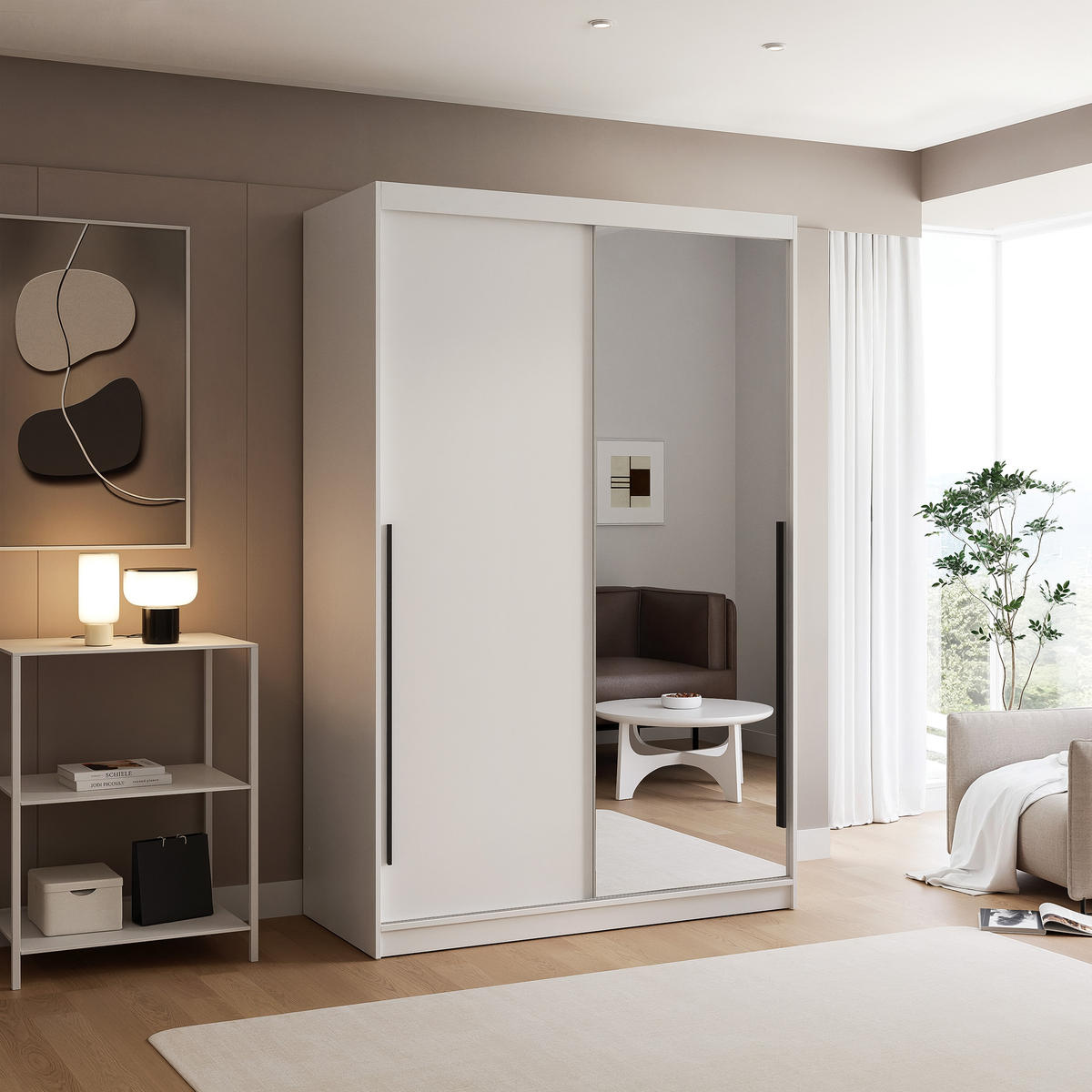 SCHIEBETÜRENSCHRANK SILENTE 140 cm mit Einlegeböden und Kleiderstange - Weiß, Holzwerkstoff (140/205/60cm) - Idohome