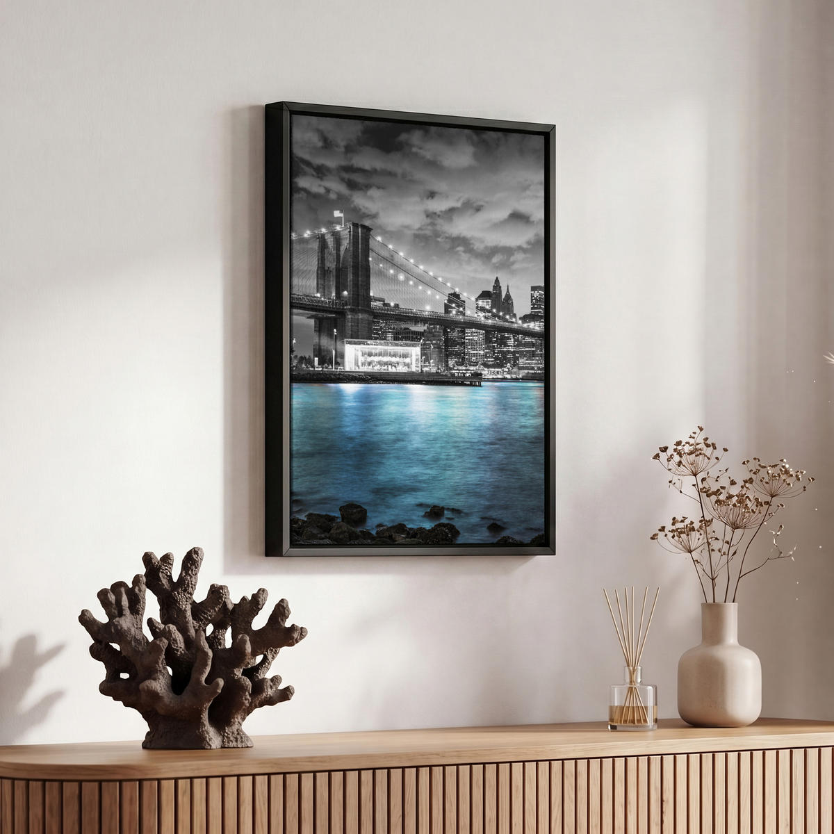 LEINWAND Bilder mit Rahmen - New York - Skyline - Stadt - Blau - 20x30 - Blaugrau, Textil (20/30cm) - MuchoWow