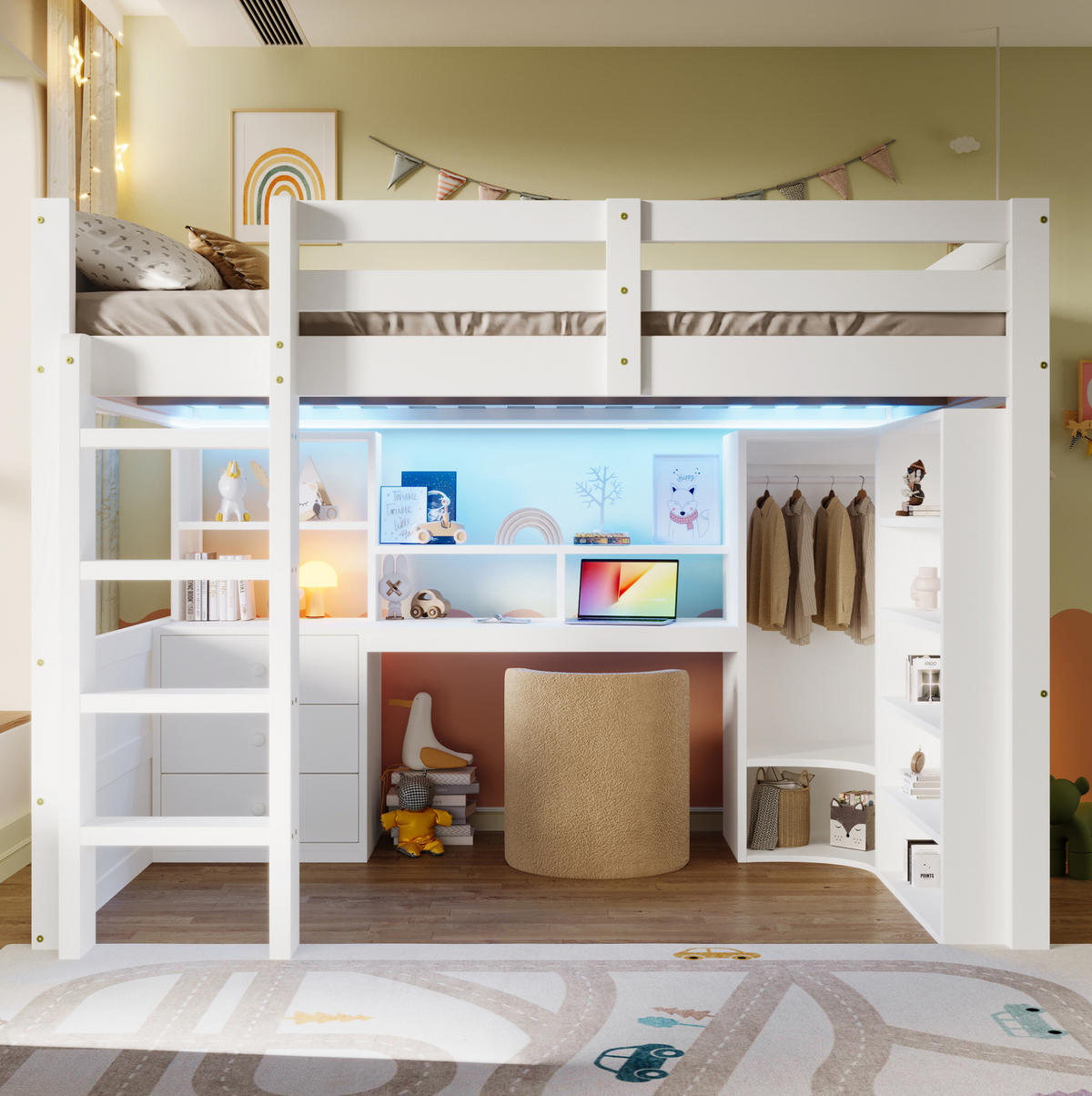 HOCHBETT 140/200 cm aus Kiefernholz mit LED-Beleuchtung, Schreibtisch und Kleiderschrank, Weiß - Weiß, Holzwerkstoff (140/200cm) - Redom