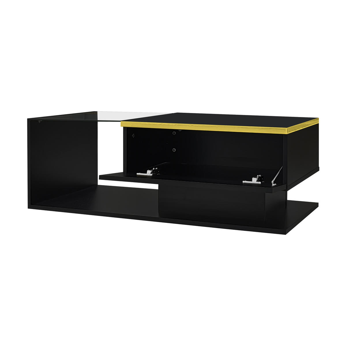 COUCHTISCH mit Glasplatte LED-Beleuchtung Hochglanzoberfläche Stauraum 100/50 cm - Schwarz, Holzwerkstoff (90/50/32.5cm) - EVRYAE