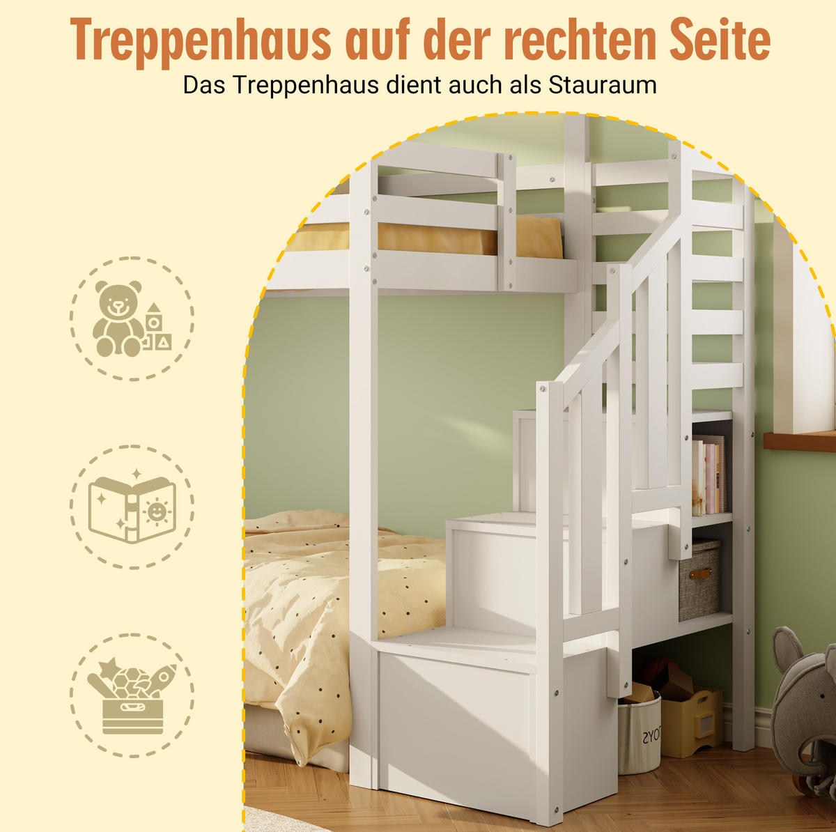 ETAGENBETT 90/200 cm in Weiß aus Kiefer massiv mit Stauraumtreppe - Weiß, Holzwerkstoff (90/200cm) - OKMYHOME