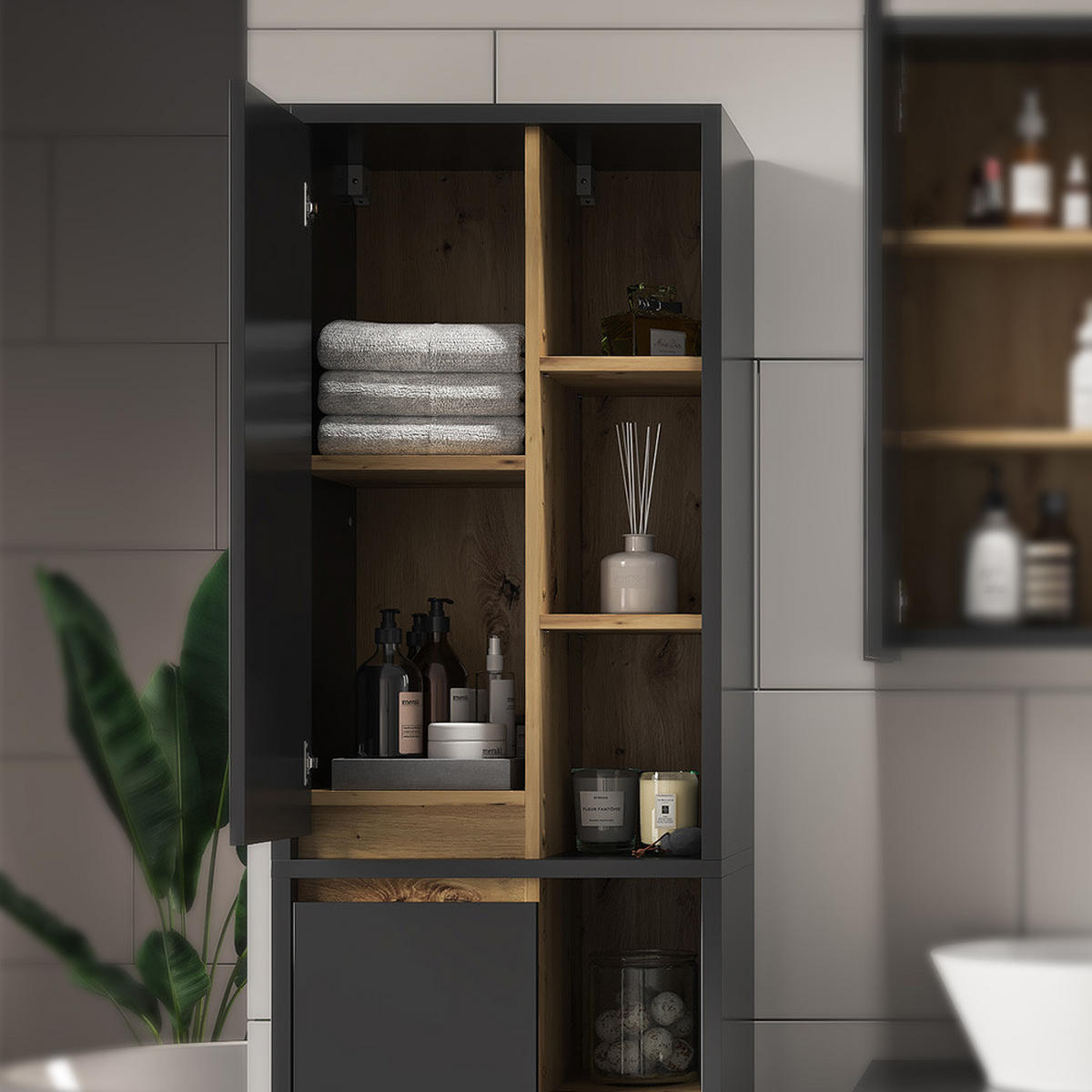 BADSCHRANK Viola Anthrazit 50 x 170 cm mit Türen, und offenen Fächern - Anthrazit, Holzwerkstoff (50/170/33cm) - Vicco