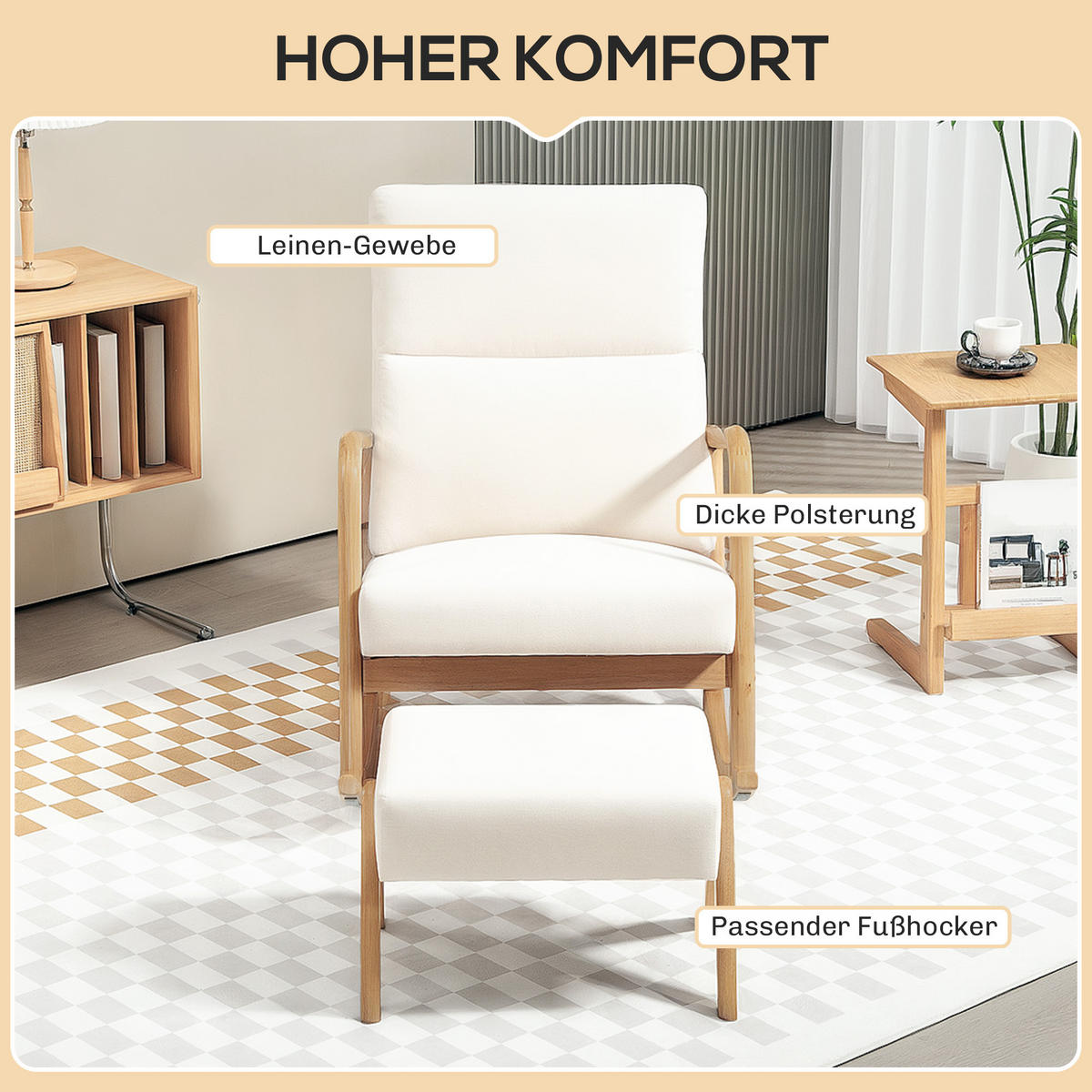 SCHAUKELSTUHL mit Hocker, Weiche Polsterung, Leinenoptik, Holzrahmen, Cremeweiß - Weiß, Textil (65/94.5/96cm) - HOMCOM