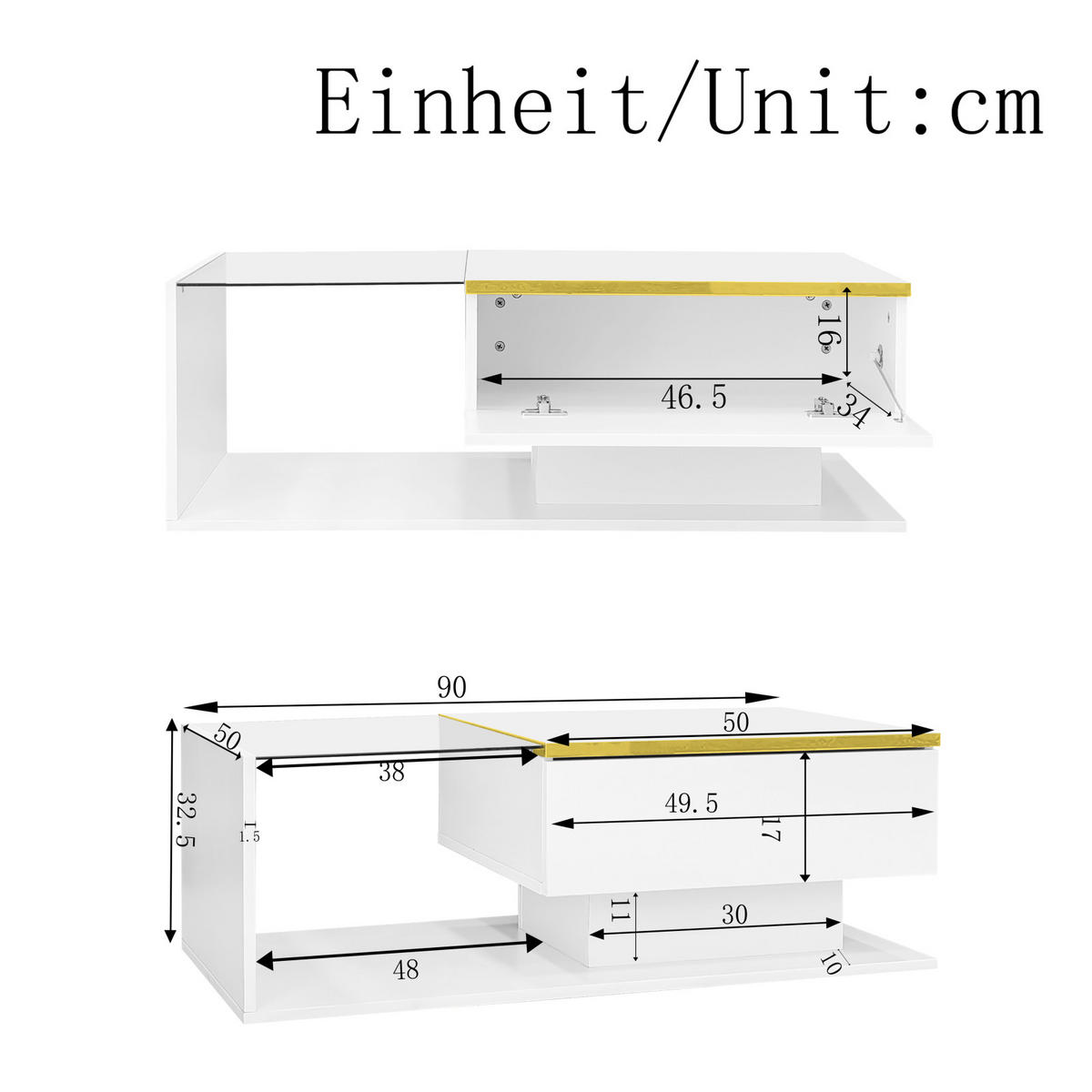 COUCHTISCH Weiß mit verstellbarer LED und Glasplatte - Weiß, Metall (90/50/32cm)
