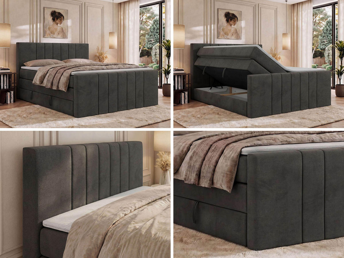 BOXSPRINGBETT INERO DUO KING 180/200 - Dunkelgrau Velvet - Topper T25 - H4 - Dunkelgrau/Schwarz, Kunststoff/Textil (180/200cm) - MKS