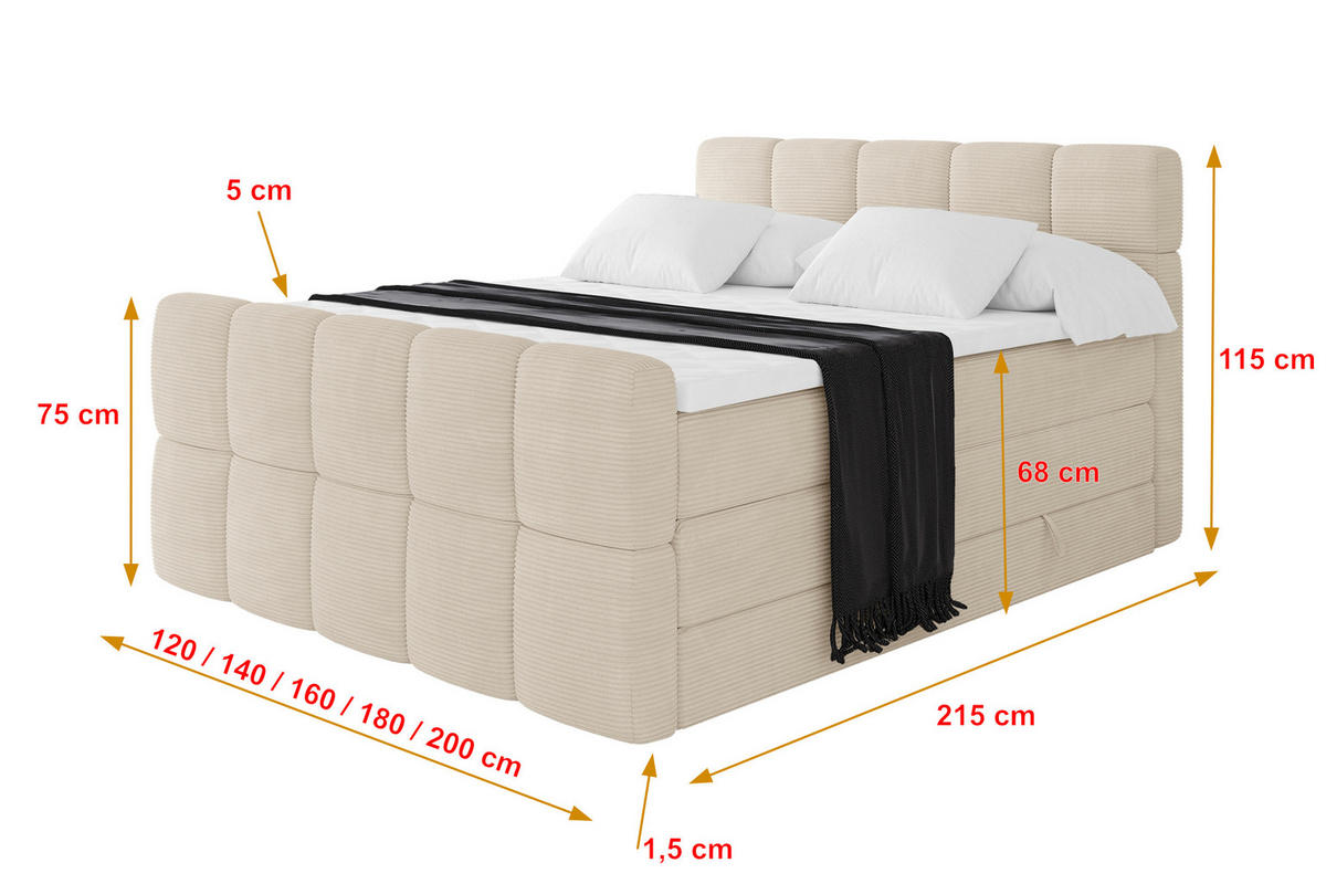 BOXBETT mit Matratze H3/H4 - FAMA-Z KING - 160x200 cm Beige Poso - Ecru, Holzwerkstoff (160/200cm) - ALTDECOR