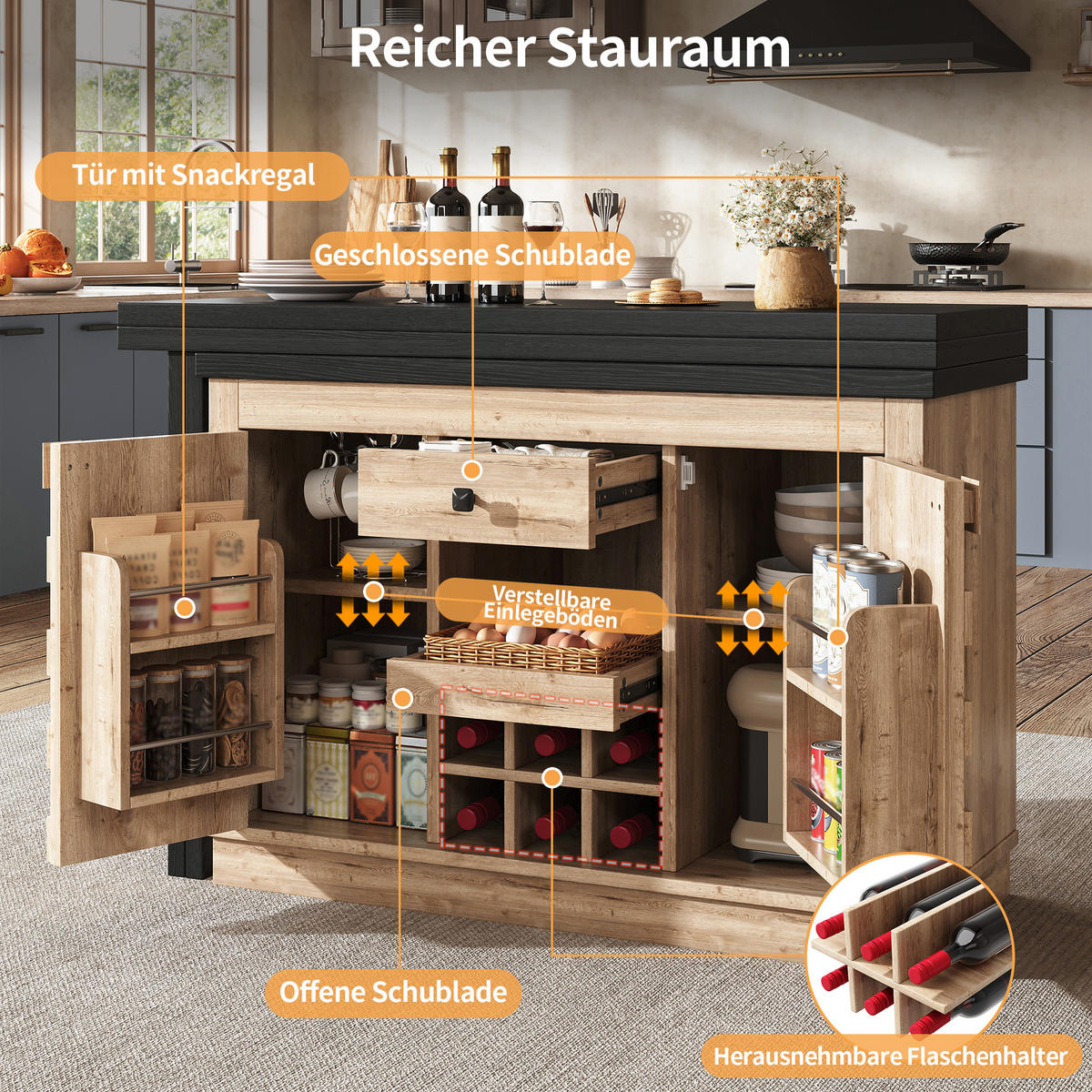 KÜCHENINSEL-ESSTISCH Naturfarben 120–197×40×74,2 cm mit 360° drehbarer Platte, Patchwork-Türen und Weinregal aus Holzwerkstoff - Naturfarben, Holzwerkstoff (120/74.2/40cm) - Luhomfu