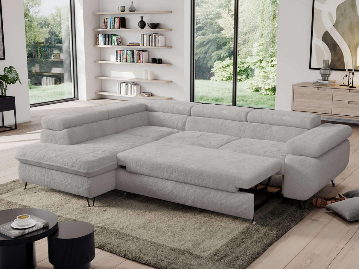 ECKSOFA PEDRO L Hellgrau Plüsch - Links Seite - Hellgrau/Schwarz, Textil/Metall (208/273cm) - MKS