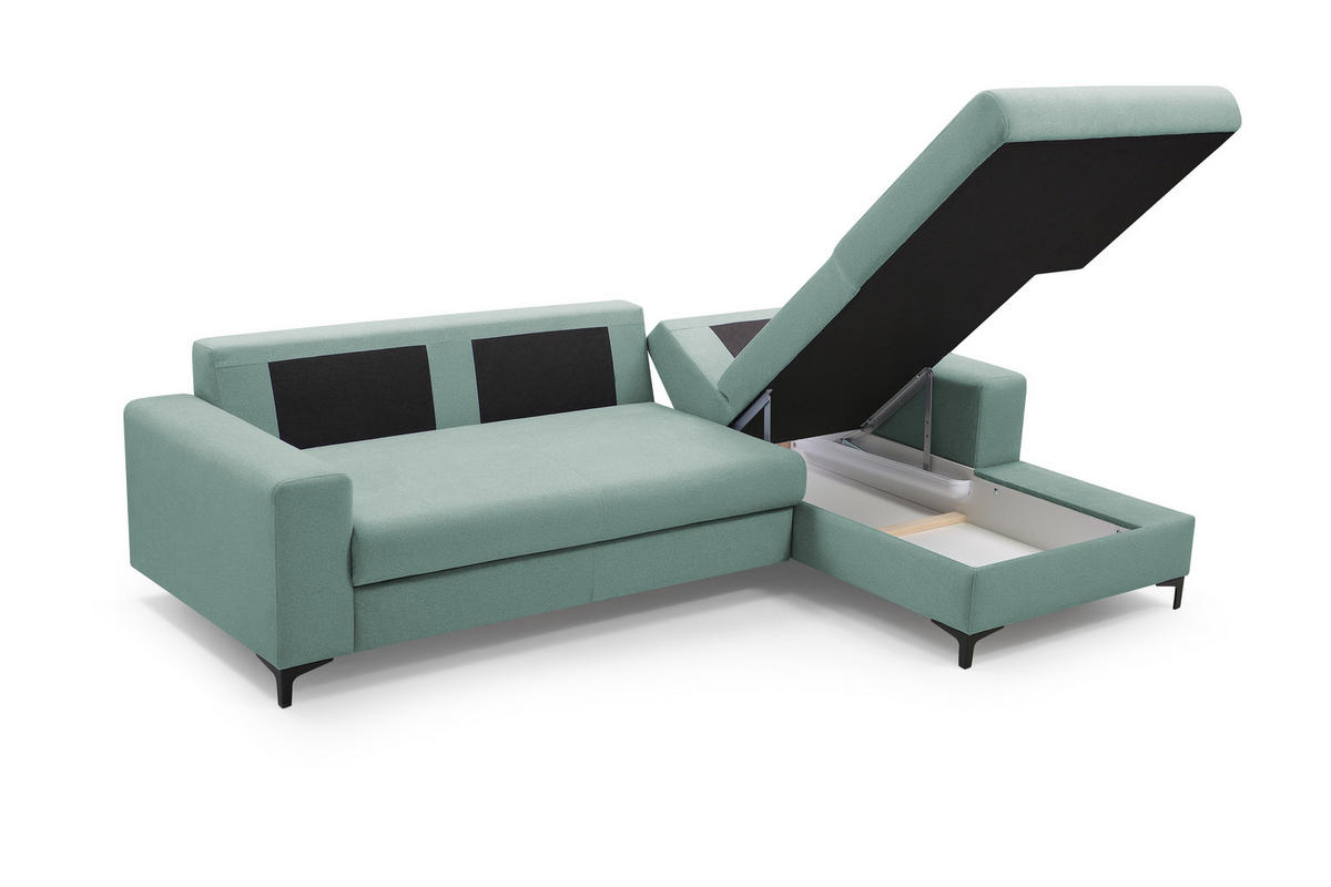ECKSOFA AVRA L-förmig, mit Stauraumbehälter-in RINO-Stoff, Komfort & Eleganz, lose Rückenkissen, freistehend, RECHTS 251x165x85 cm Light green - Hellgrün, Holz/Textil (251/165cm) - DomoHome