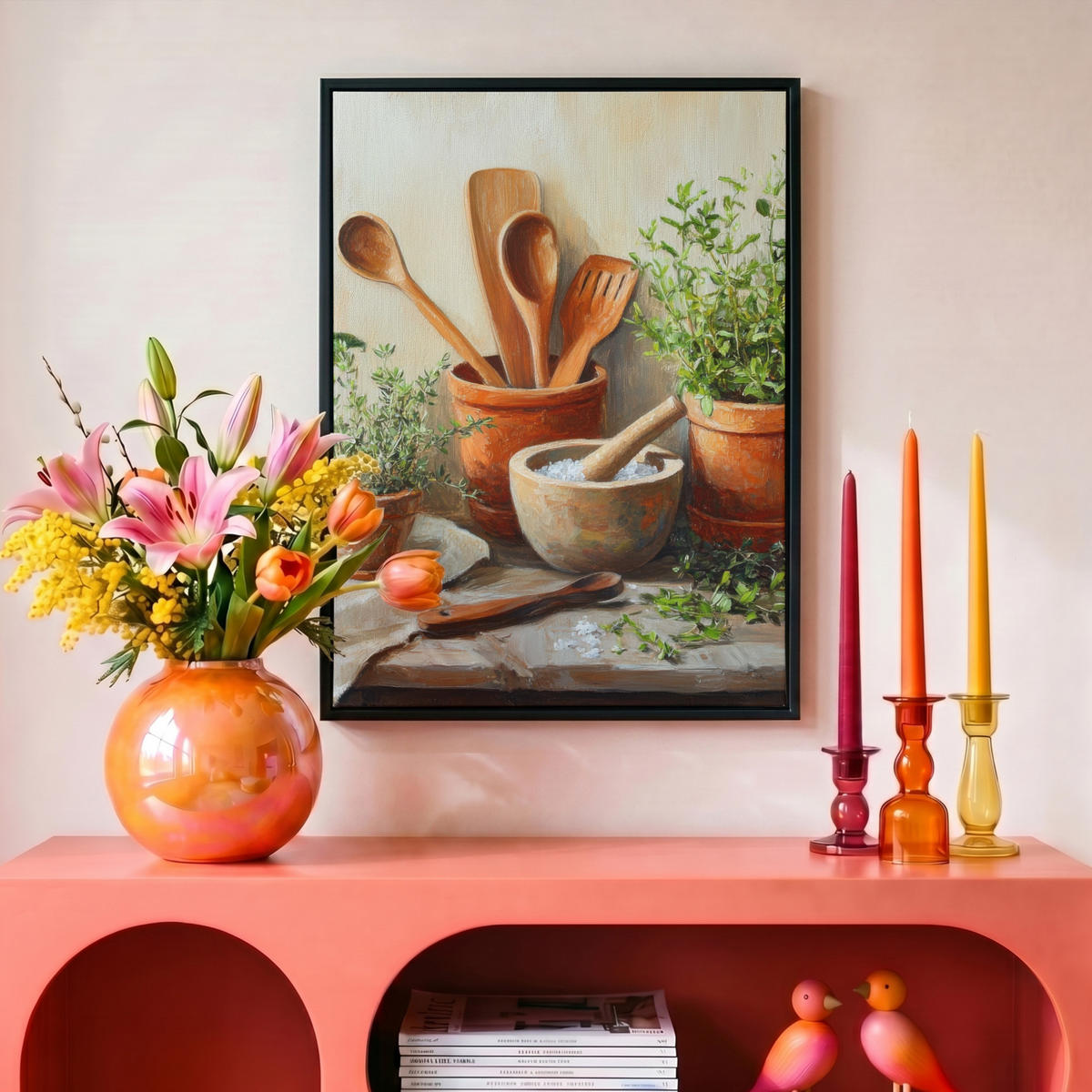 LEINWAND Bilder mit Rahmen - Töpfe - Kräuter - Holz - 30x40 - Terracotta, Textil (30/40cm) - MuchoWow