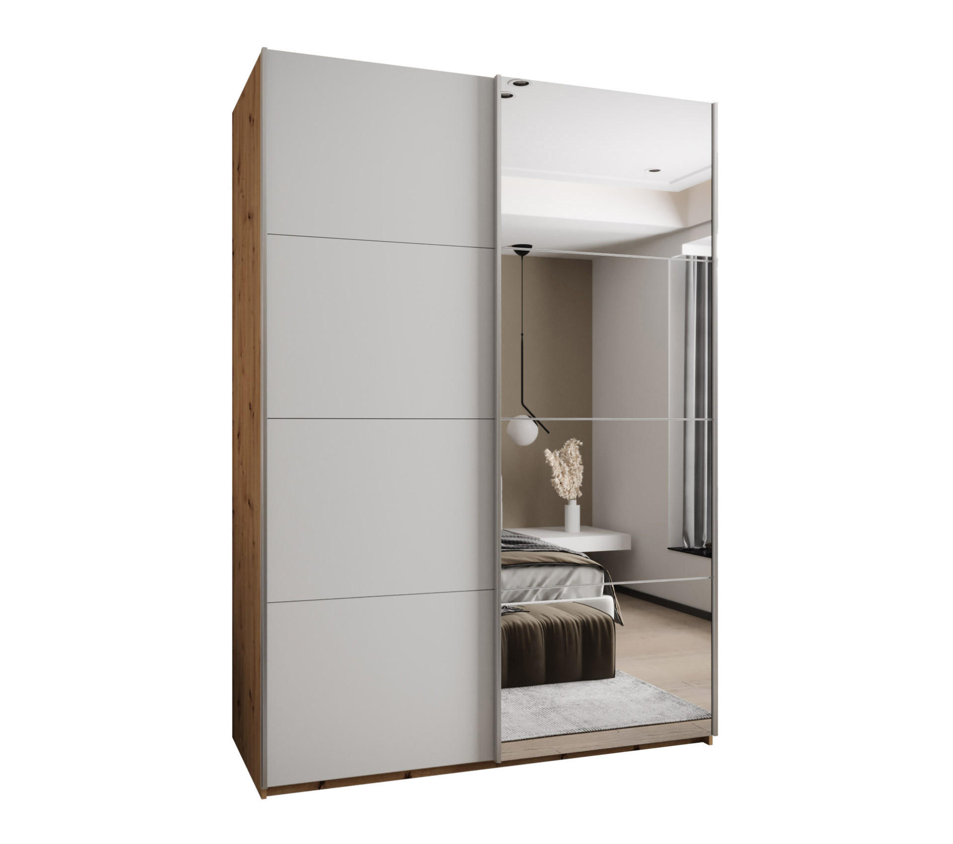Abiks Möbel Schwebetürenschrank Eiche Artisan, Weiß, Silber 180x245x64 cm