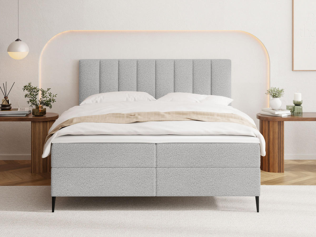 BOXBETT Allen mit Bettkasten, Boucle Grau 180x200 cm – inkl. H4 Taschenfederkern Matratze & Foam Topper - Hellgrau/Schwarz, Holzwerkstoff/Metall (180/200cm) - WFL GROUP