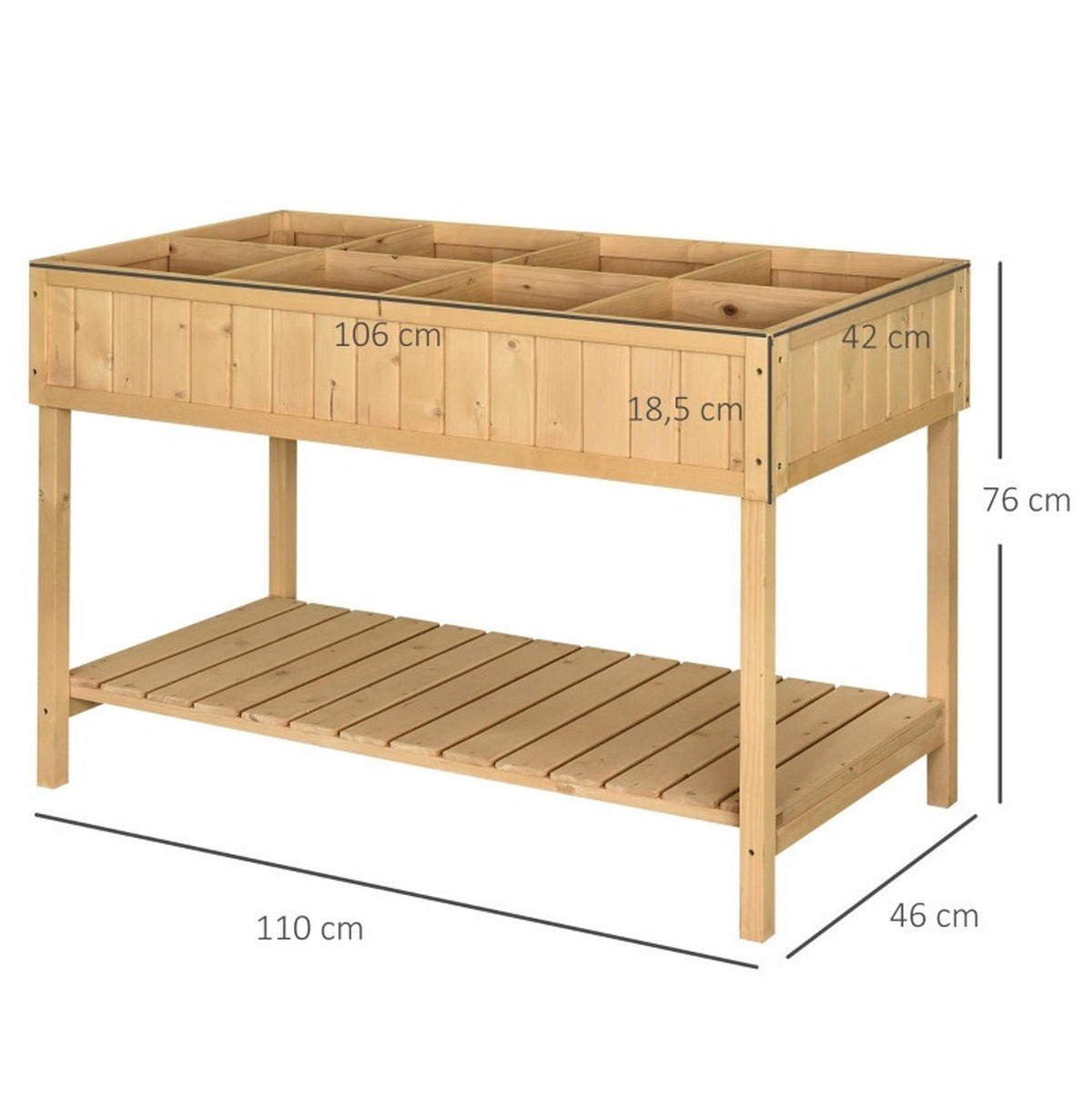 BLUMENKASTEN aus Tannenholz 110x46x76cm in Natur mit 8 Fächern & Abfluss - Naturfarben, Holz (46/76/110cm) - Modfu