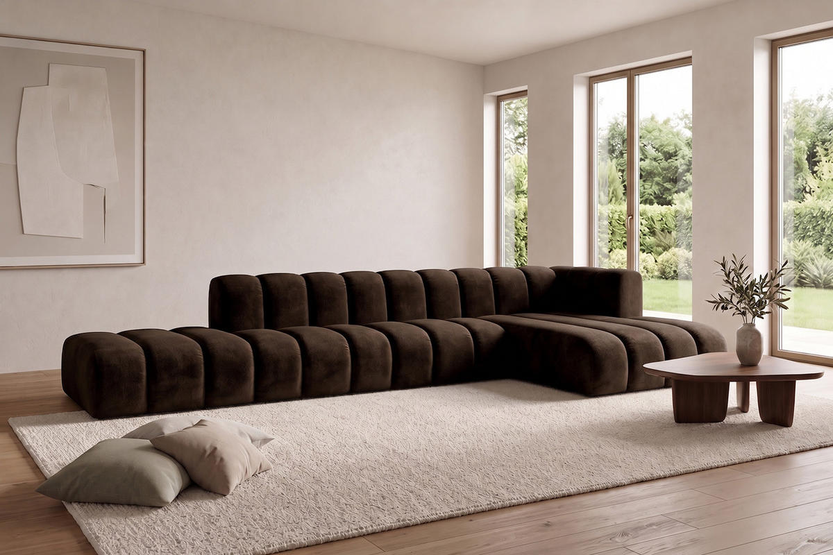 ECKSOFA Modulares In L-Form Mit Hocker, Velvet-Stoff Riviera, Schokolade, Rechts, GRAND - Braun, Holz (386/179cm) - Kaiser Möbel