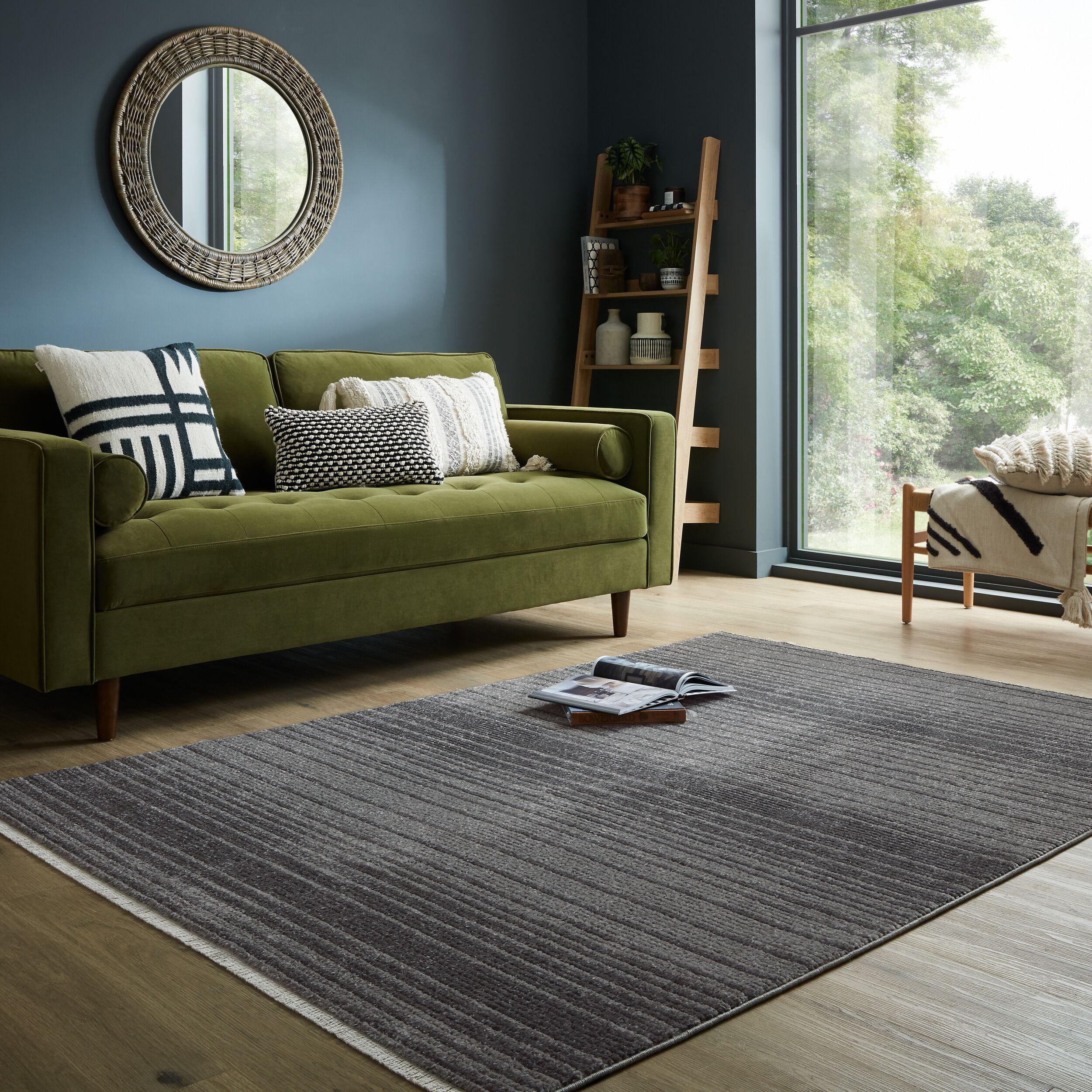 TEPPICH Modern Gestreift, Kurzflor mit Boho-Quasten Anthrazit Rechteckig 120x160 - Anthrazit, Textil (120/160cm) - KADIMA DESIGN