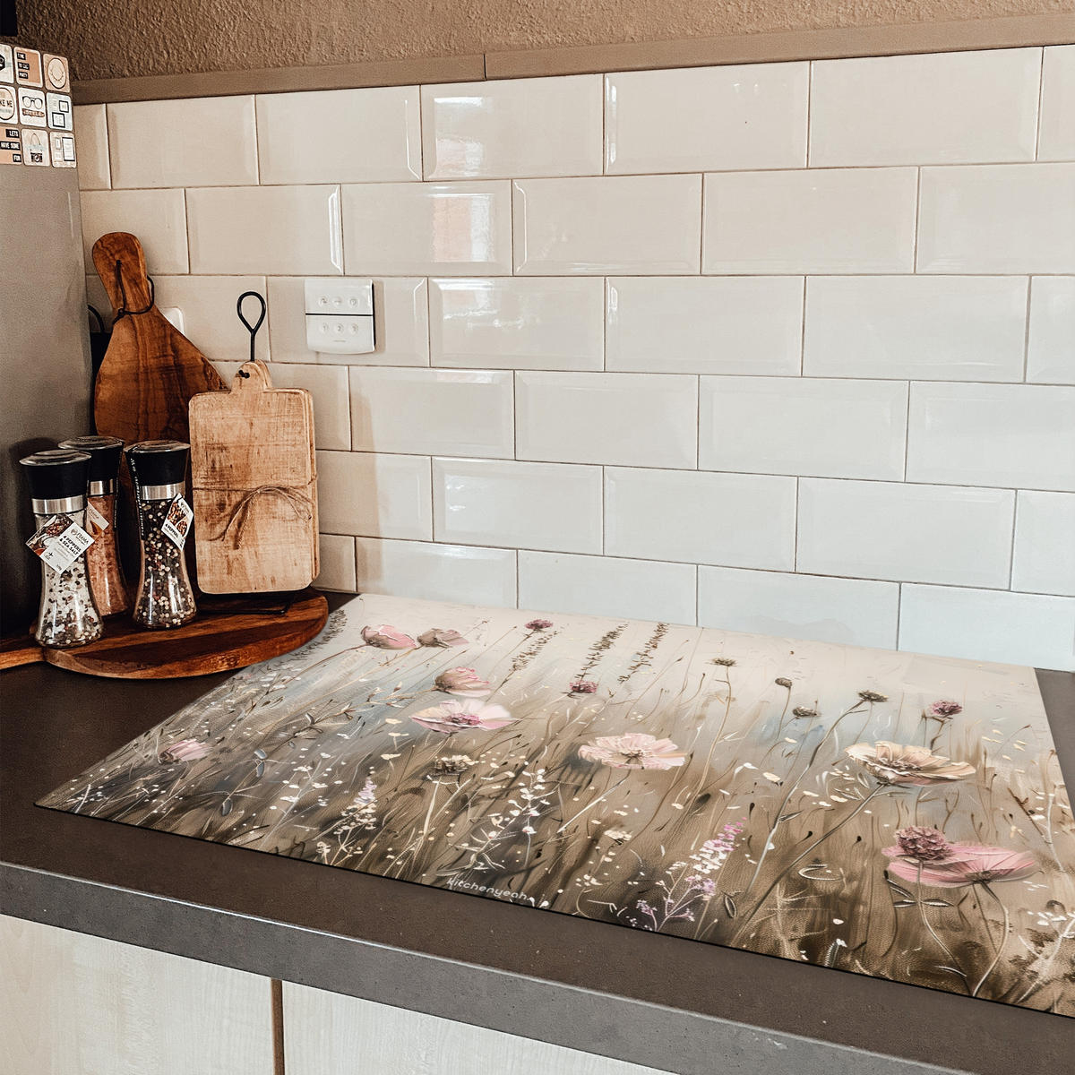 HERDABDECKPLATTE Blumen - Beige - Trockenblumen Induktionsmatte 81x52 cm - Beige, Kunststoff (81/52/0.2cm) - MuchoWow