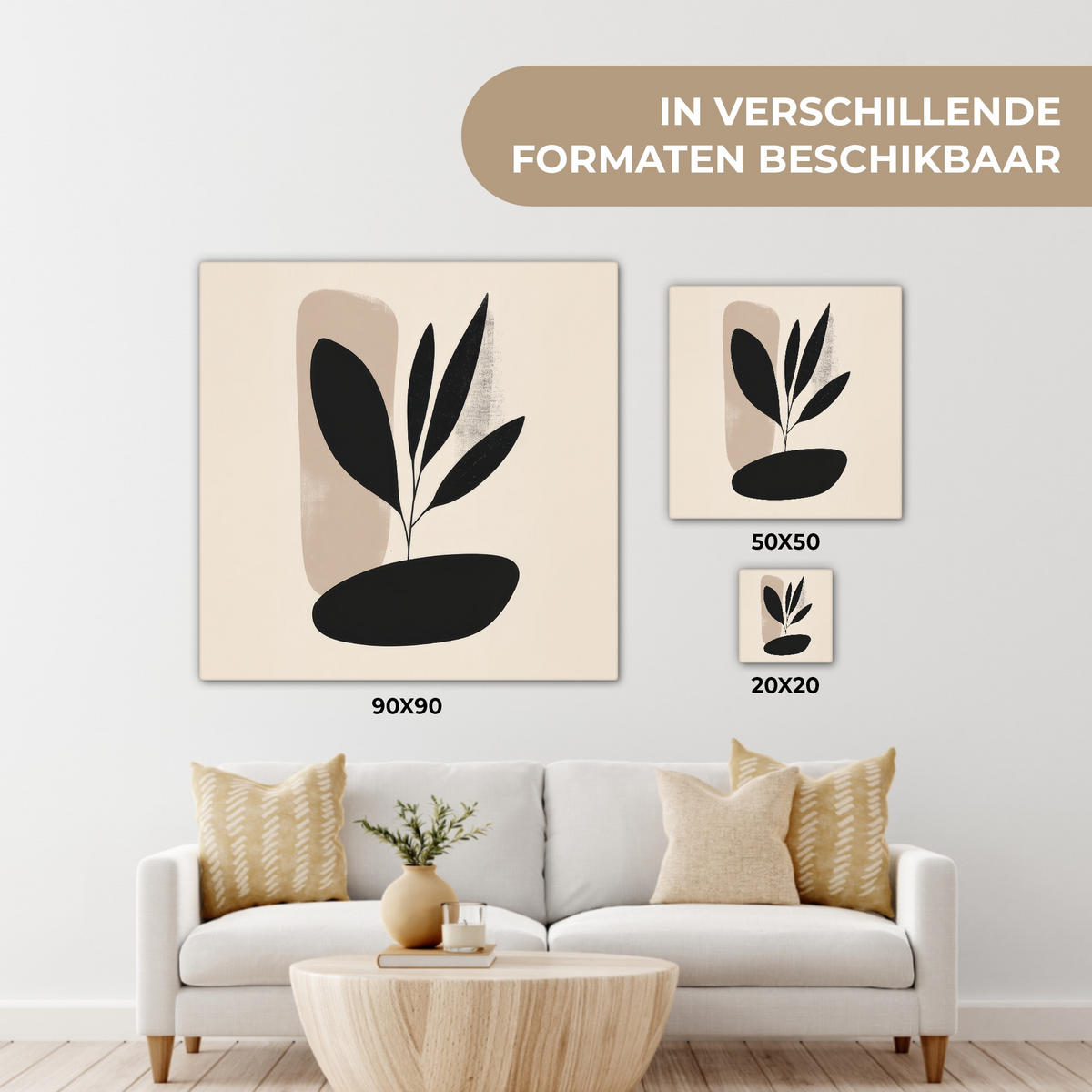 LEINWANDBILD Pflanze - Beige - Japanisch Deko Wohnzimmer 20x20 cm - Schwarz, Textil (20/20cm) - MuchoWow