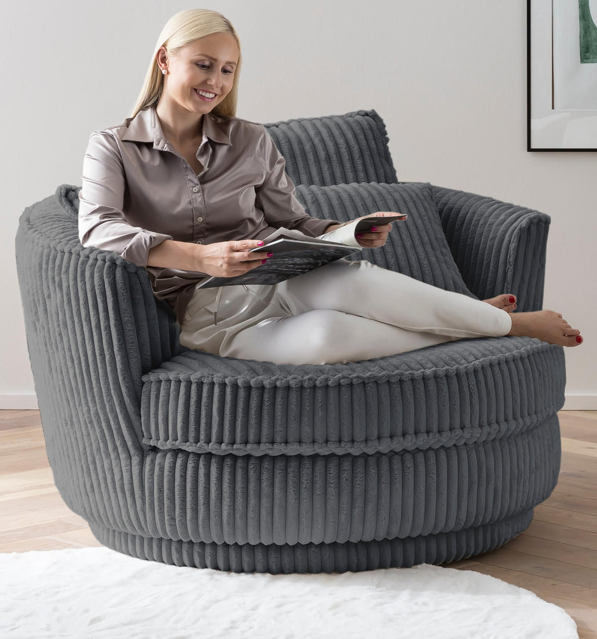 BIG-SESSEL Relaxsessel Mega Cord grau Ø 120 cm 360° drehbar, inklusive 3x Kissen - Grau, Holz/Textil (120/86/120cm) - Furn.Design