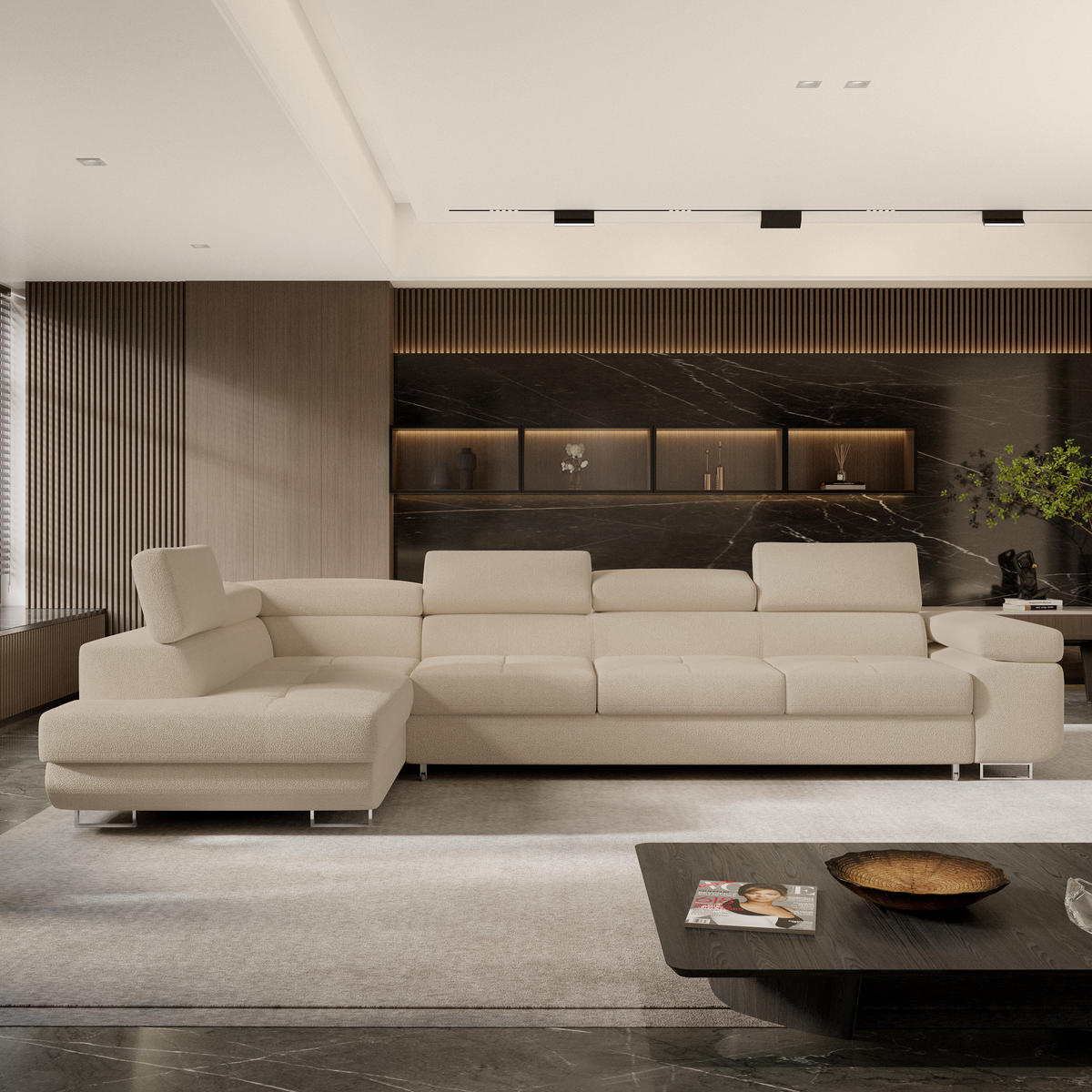 ECKSOFA VICENTE Beige Boucle-Stoff mit Schlaffunktion - Beige, Holz (346/202cm) - MASSENO