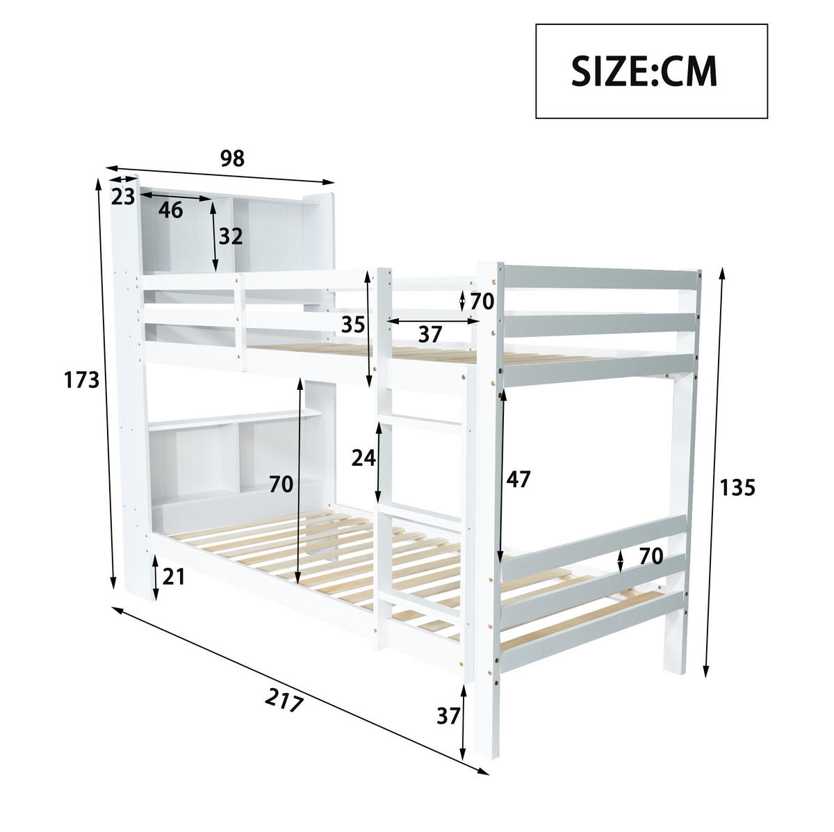 ETAGENBETT 90/200 cm in Weiß mit Regalen und rechtwinkliger Leiter - Weiß, Holzwerkstoff (90/200cm) - BEAOK
