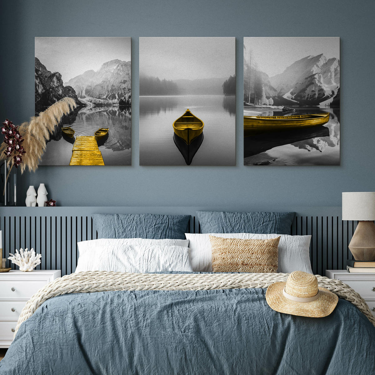 LEINWANDBILDER 3-es Set Bergen See 3D - Gelb/Schwarz, Textil (90/40cm) - Muralo