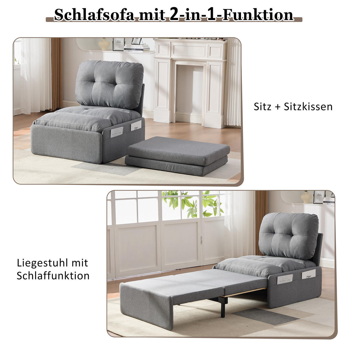 SCHLAFSOFA 92/81.5/90 cm Grau mit Aufbewahrungstasche - Grau, Textil (81.5/90/195cm) - Oxeza
