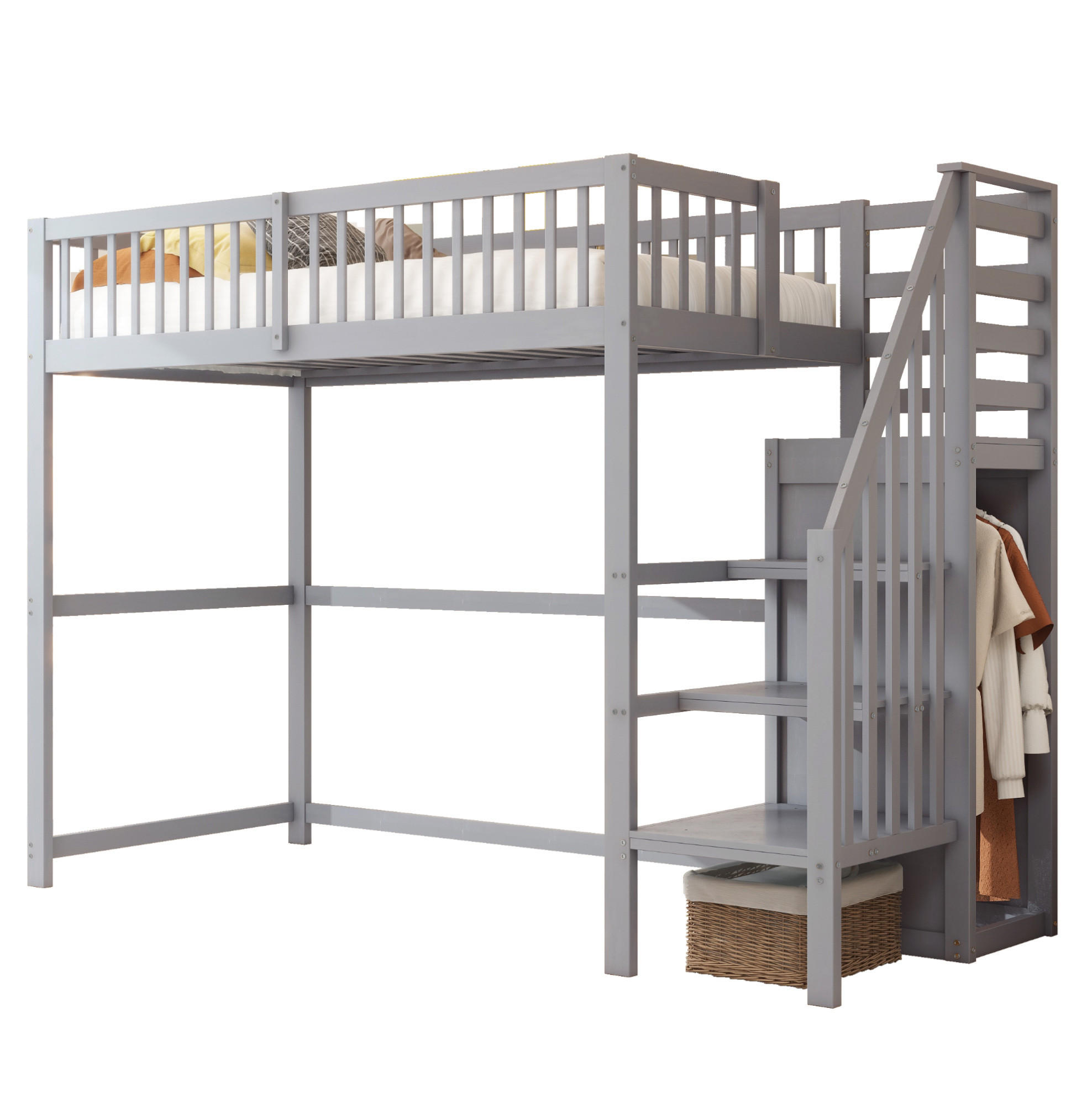ETAGENBETT 90/200 cm in Grau aus Holz mit Treppe, Kleiderschrank und Regal - Grau, Holz (90/200cm) - OKMYHOME