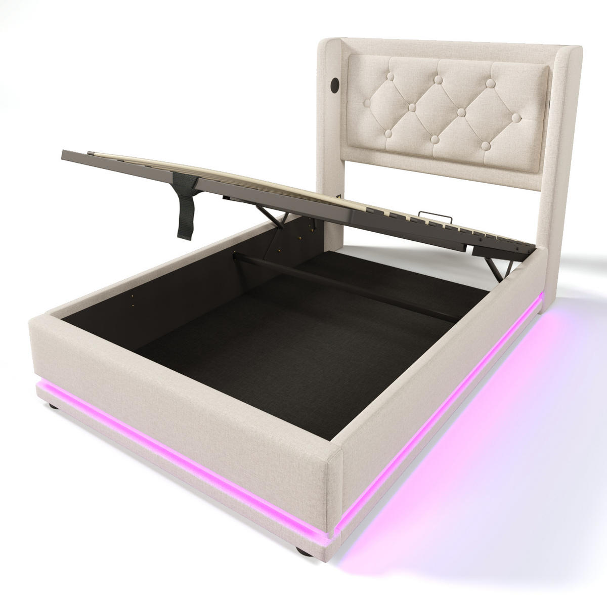 POLSTERBETT aus Baumwolle 90x200 cm Beige mit Bettkasten, LED-Beleuchtung und USB-C - Beige, Textil (90/200cm) - IVMEU