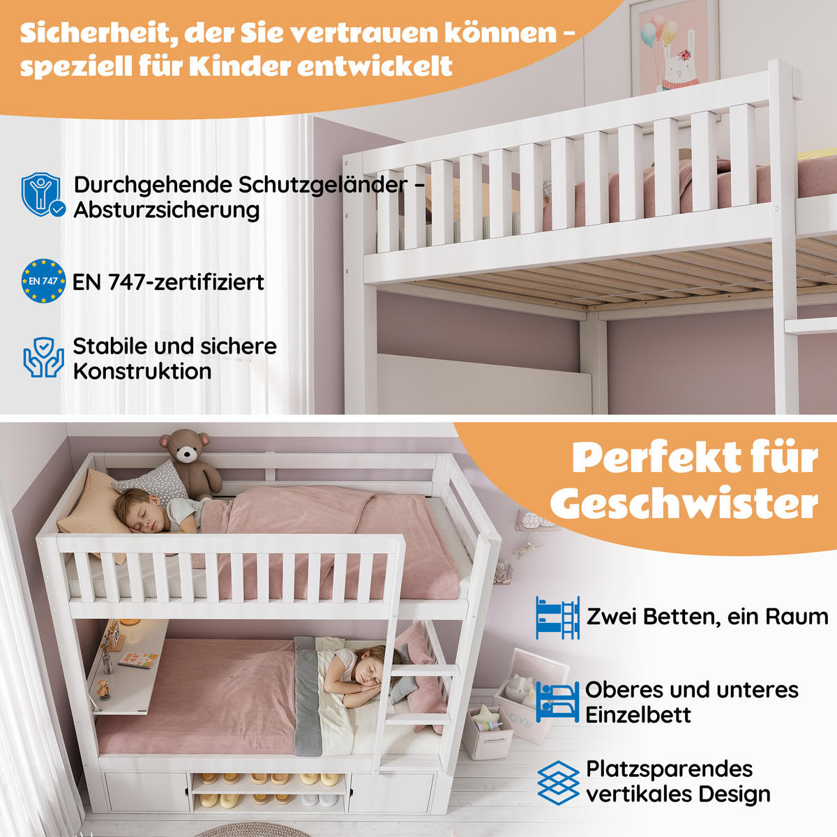 ETAGENBETT Mit Klappbarer Tischplatte Weiß 90x200 cm - Weiß, Holz (90/200cm) - ComfortXL