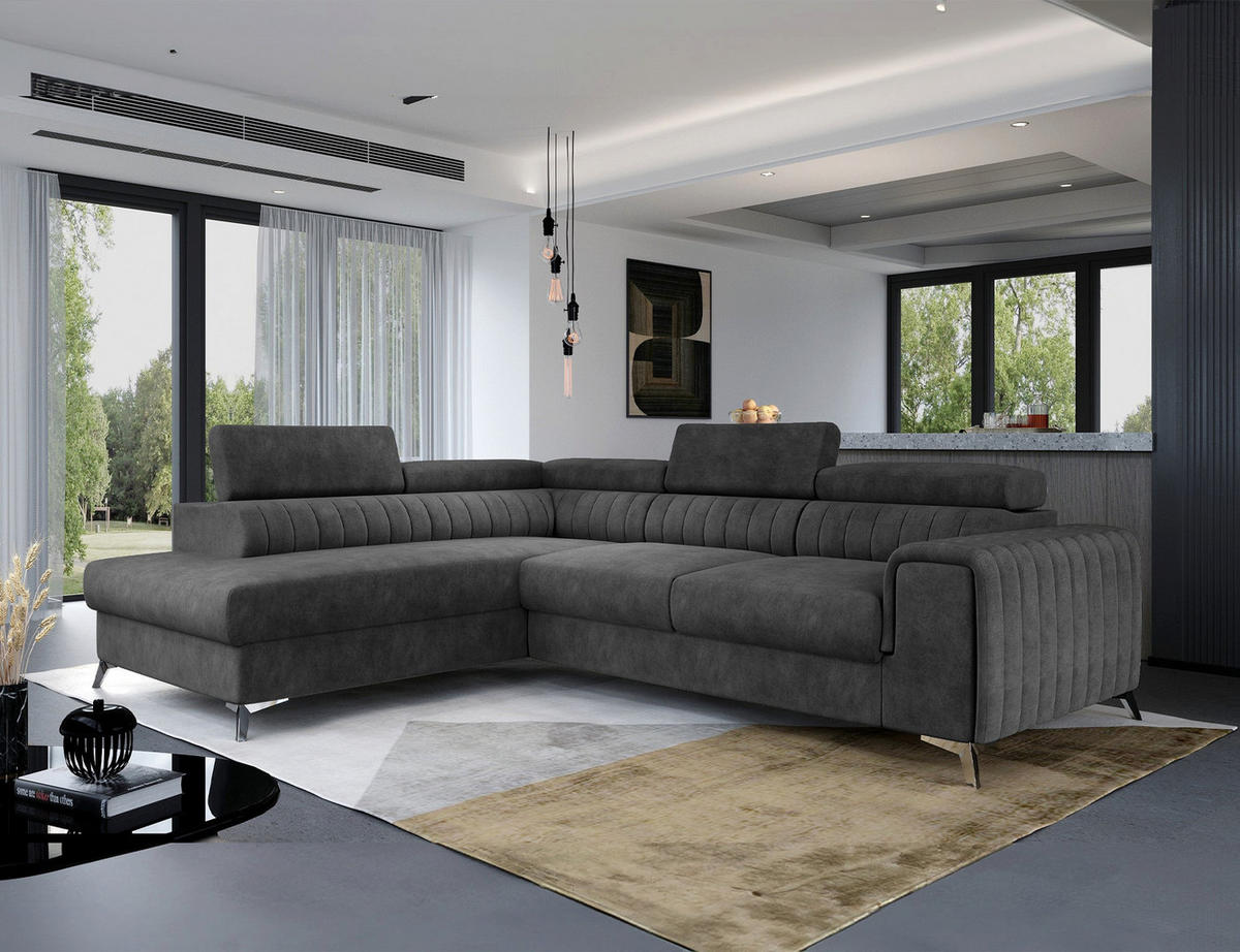 ECKSOFA Laurence mit Schlaffunktion & Bettkasten – 278 x 205 cm, verstellbare Kopfstützen - Anthrazit, Kunststoff (278/205cm) - Wohnideebilder