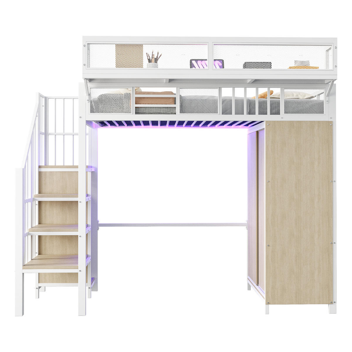 HOCHBETT 90/200 cm Weiß mit Kleiderschrank mit LED-Beleuchtung Metall Holz - Weiß, Metall (90/200cm) - OKWISH