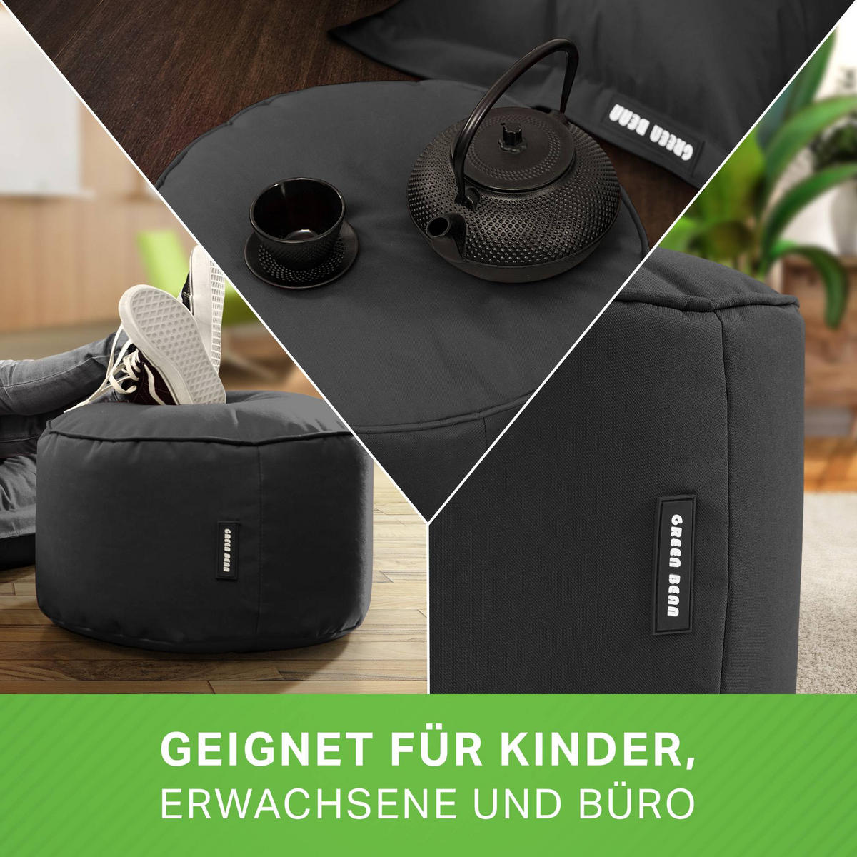 SITZSACK-HOCKER Pouf "Stay" 45x25cm - Schwarz, Textil (45/25/45cm) - Green Bean