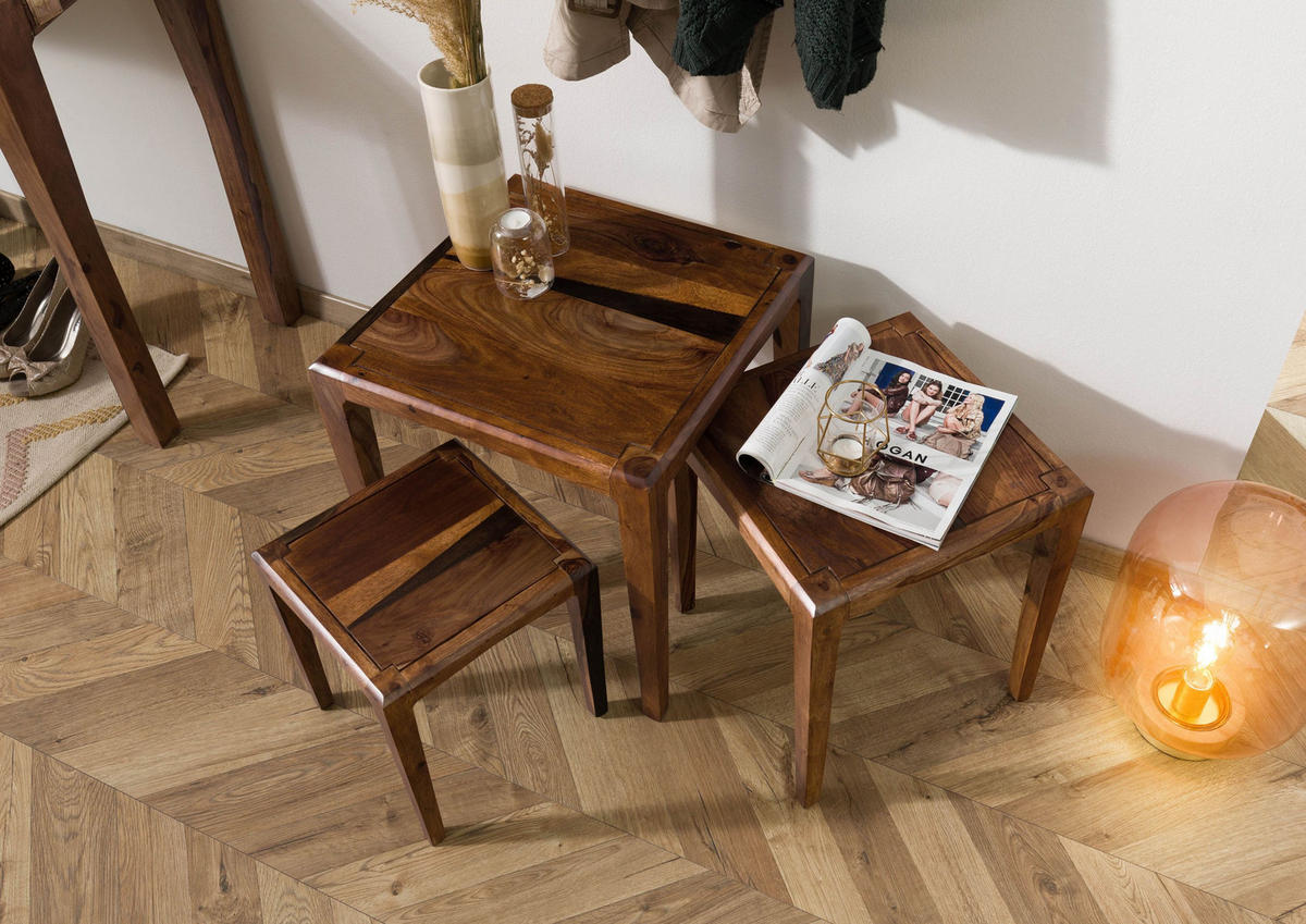 BEISTELLTISCH 3er-Set Sheesham 50x50 / 40x40 / 31,5 x34 dunkelbraun lackiert ANCONA #251 - Dunkelbraun, Holz (50/50/50cm) - Massivmoebel24