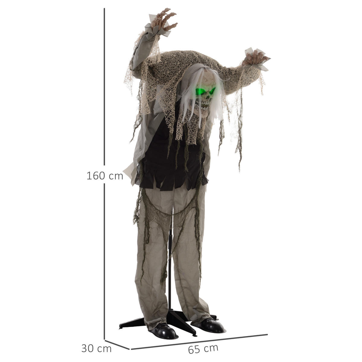 HALLOWEEN DECORATIONS 160cm stehendes Skelett mit LED-Lichter, Soundfunktion - Grau, Kunststoff/Metall (65/160/30cm) - HOMCOM