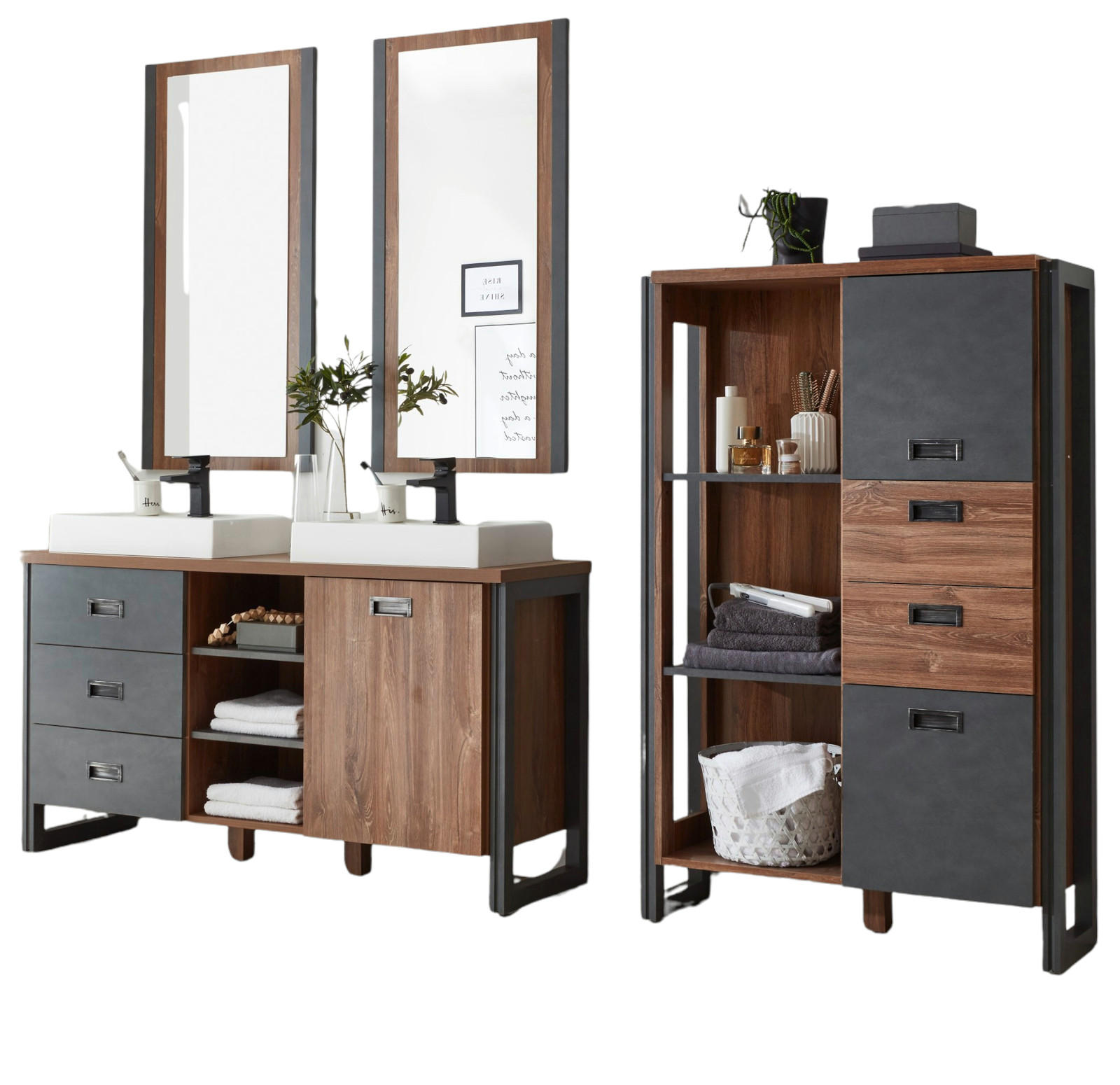 BADMÖBEL-SET 6-teilig Eiche Stirling, Matera grau, Doppelwaschtisch inkl. 2 x Waschbecken 248 x 205 cm Badkombination - Eichefarben/Grau, Holzwerkstoff (248/205/40cm) - Furn.Design