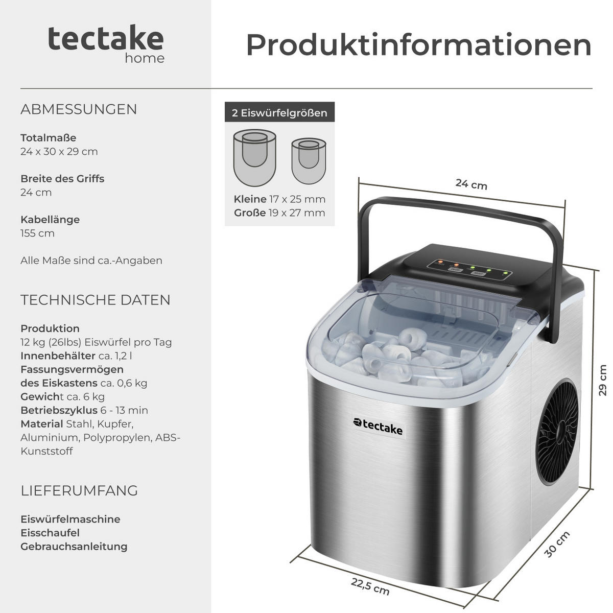 EISWÜRFELMASCHINE Arctic, inklusive Eiskorb und Eisschaufel, silber - Silberfarben, Metall (24/29/30cm) - tectake