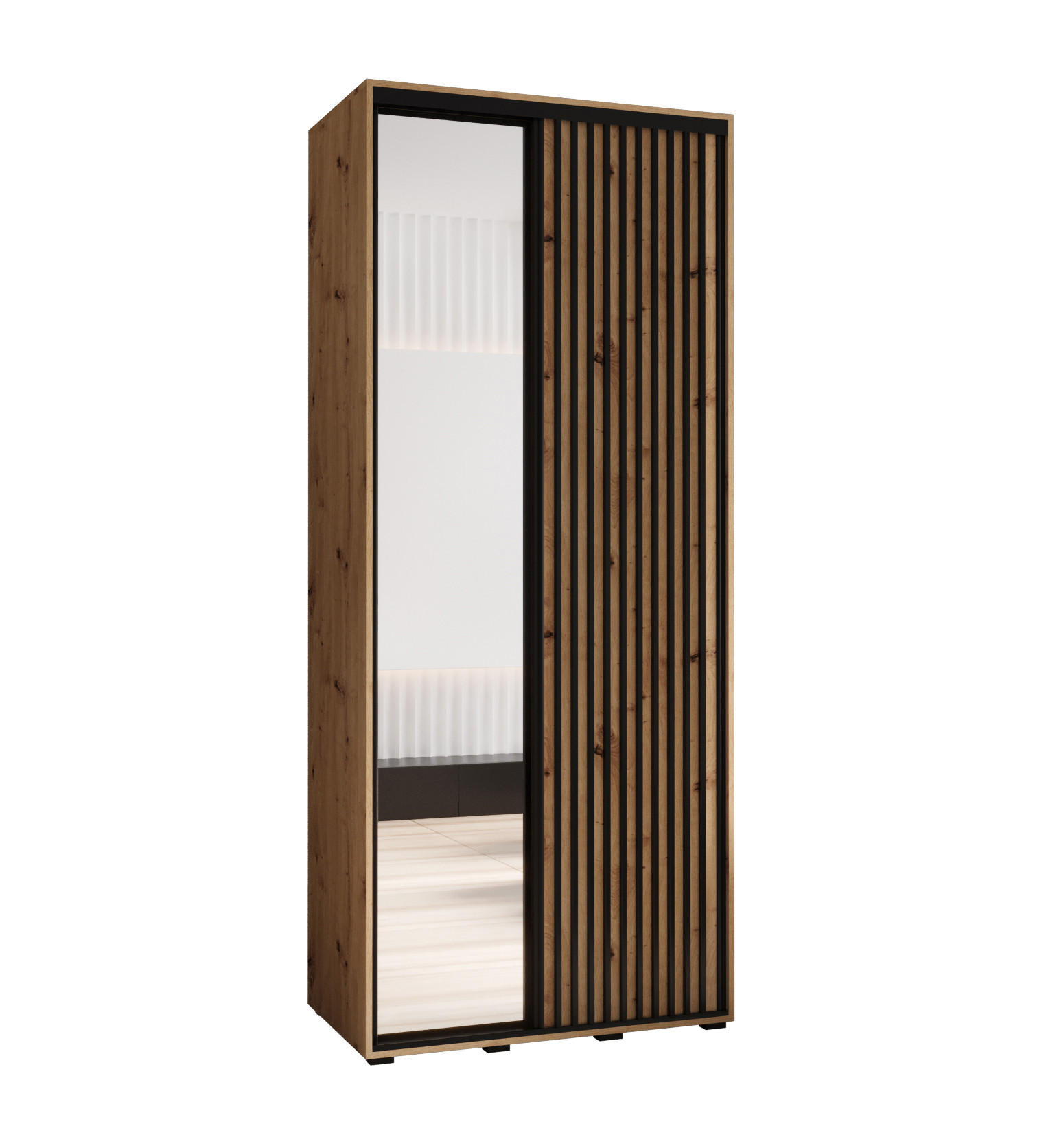 Abiks Möbel Schwebetürenschrank Eiche Artisan, Eiche Artisan, Schwarz 100x205.2x45 cm