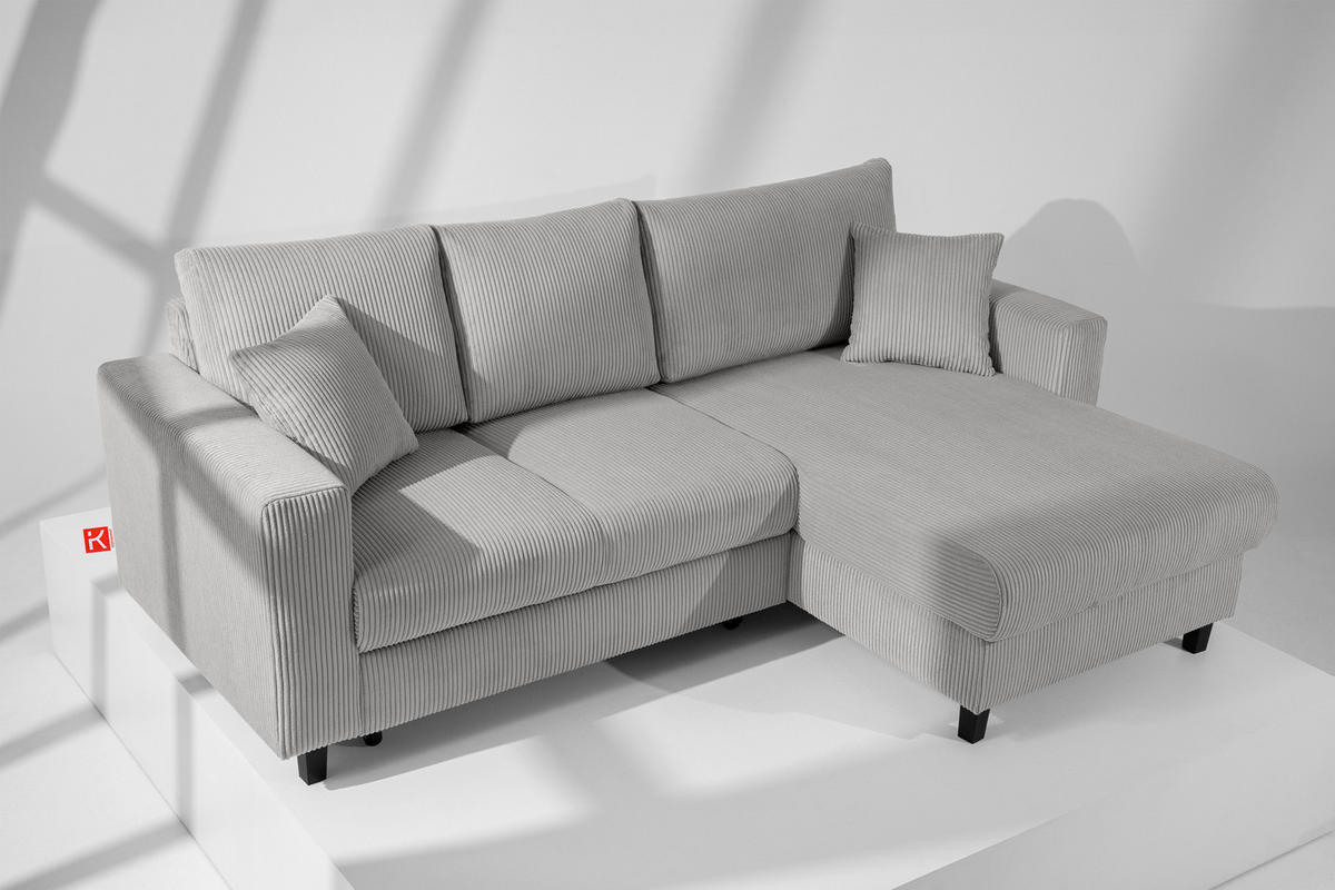 ECKSCHLAFSOFA EGRET Rechts mit Bettkasten, Cord-Stoff, hellgrau - Hellgrau, Textil (234/90cm) - KONSIMO®
